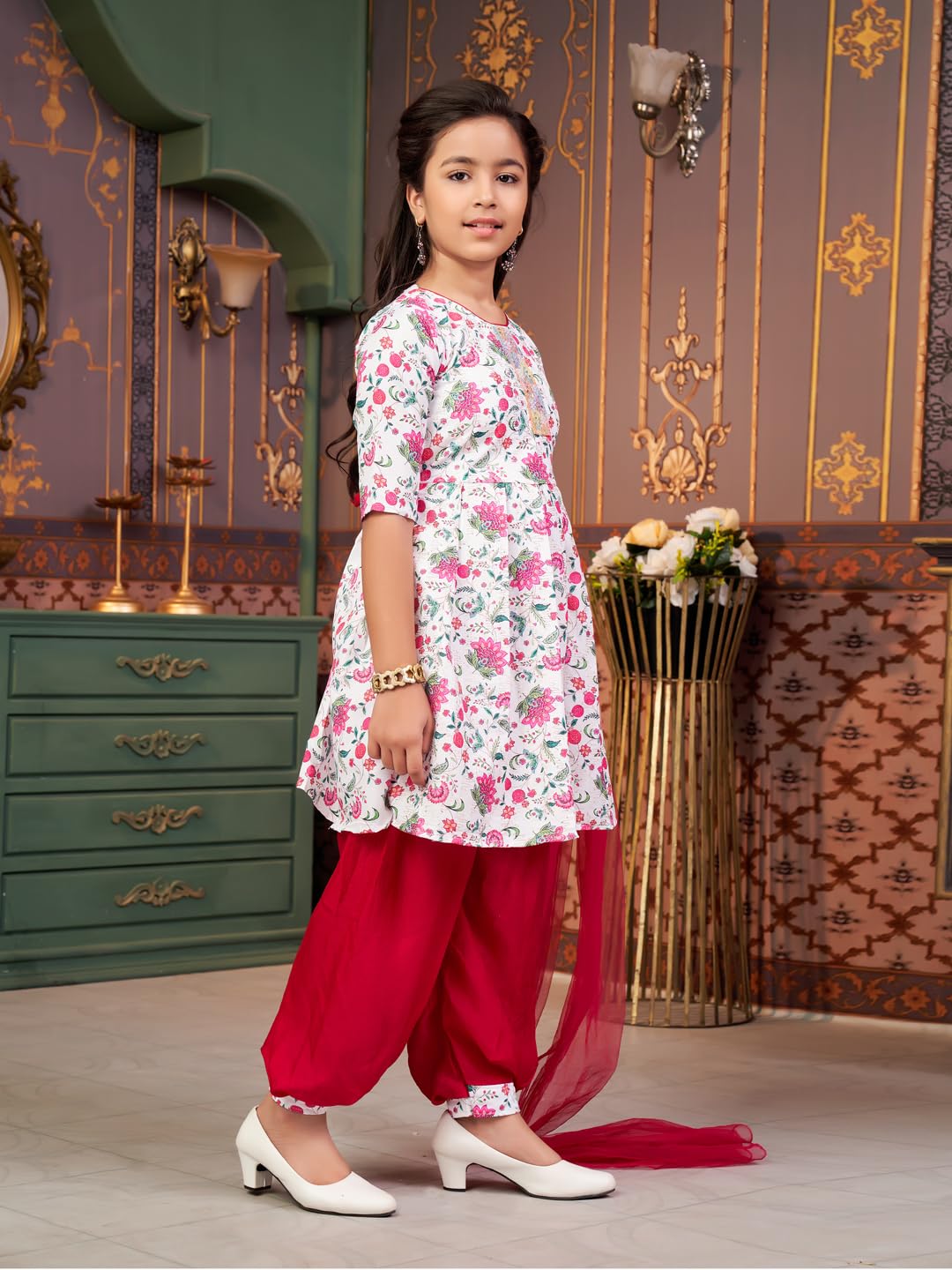 Aarika Girls Ethnic Wear Rani-White Colour Floral Print Beads Work Polycrepe Kurti Patiala Set With Dupatta-3-13 Years (Pt-Shm-5006)