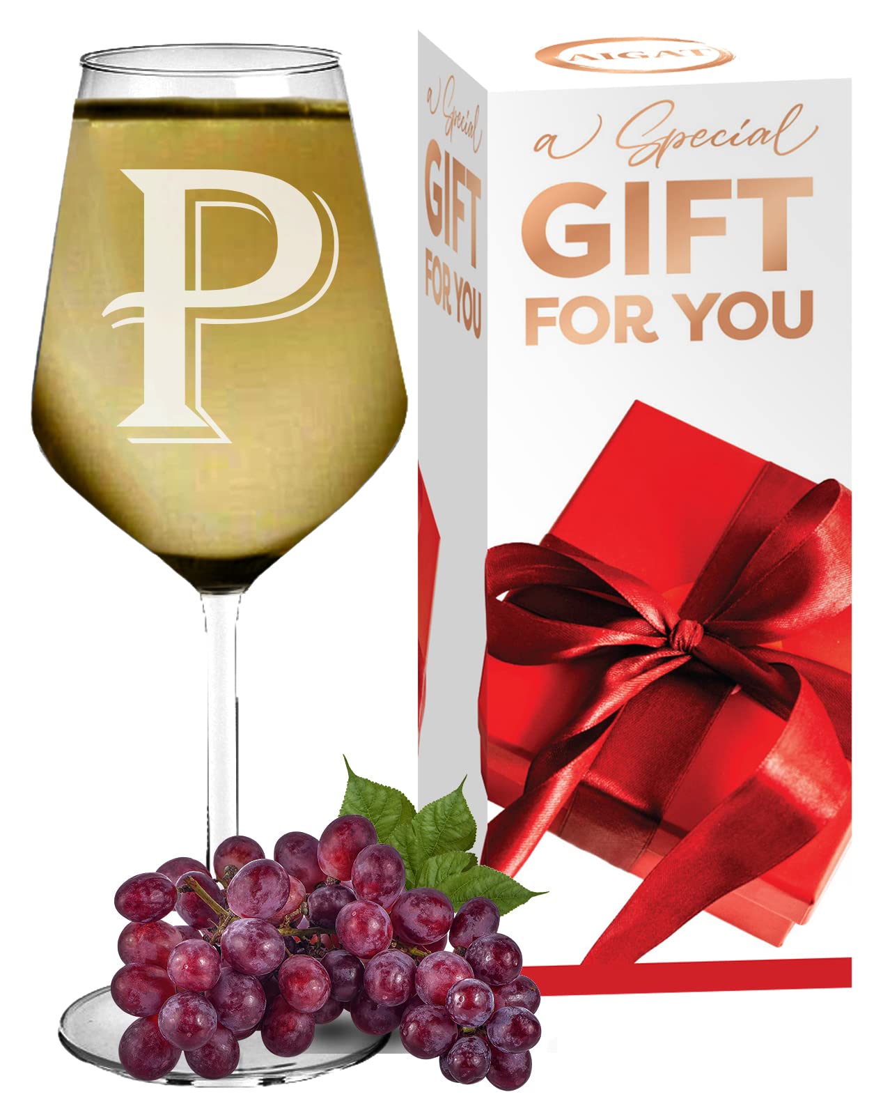 Pretty White Wine Glass with Engraved Letter- "P", White Wine Glass Gift Men, Size 370ml