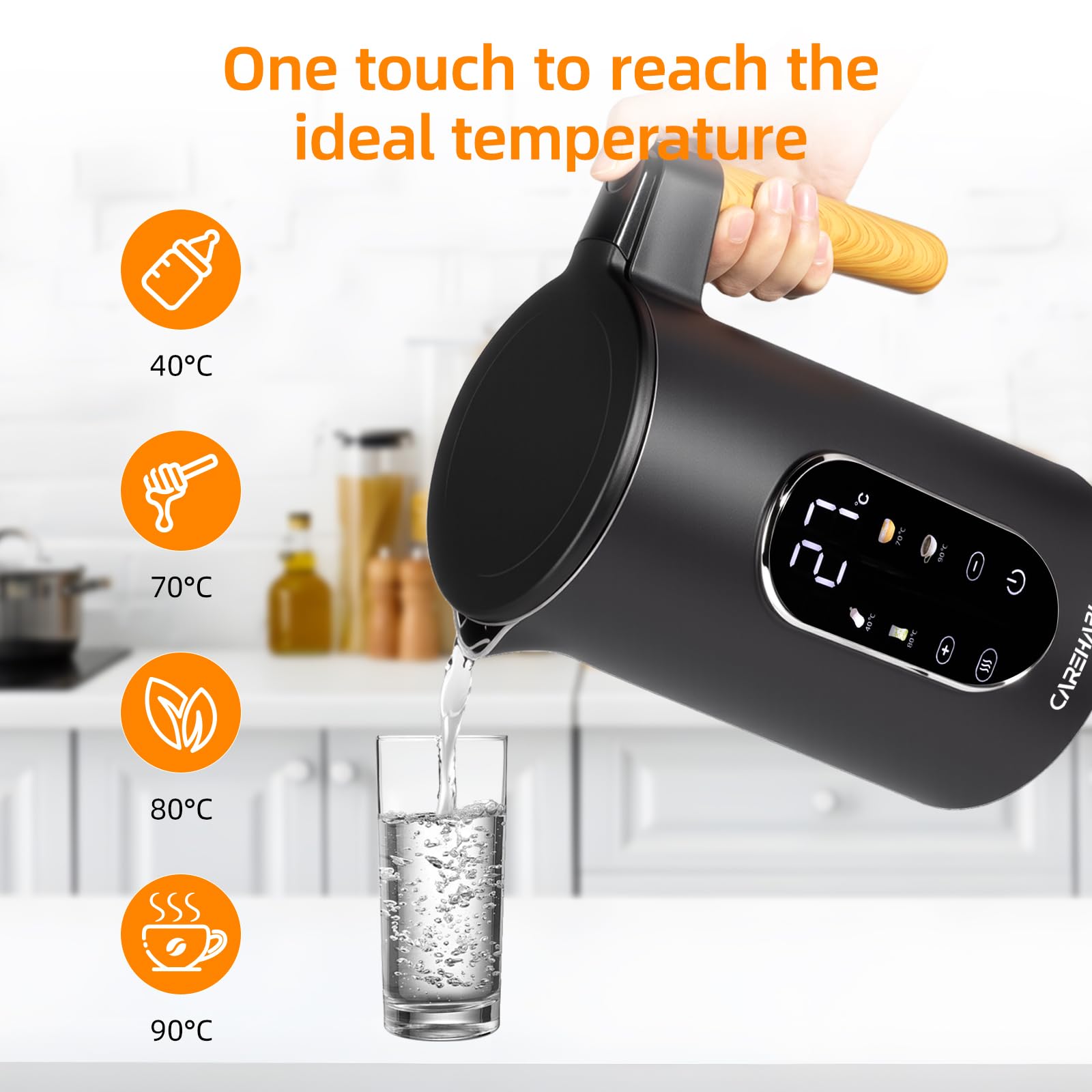 Carehabi Bollitore Elettrico 1,7 L 40-100°C Bollitore Elettrico Temperatura Regolabile Acciaio Inox 2200 W Indicatore LED Base di Rotazione a 360°