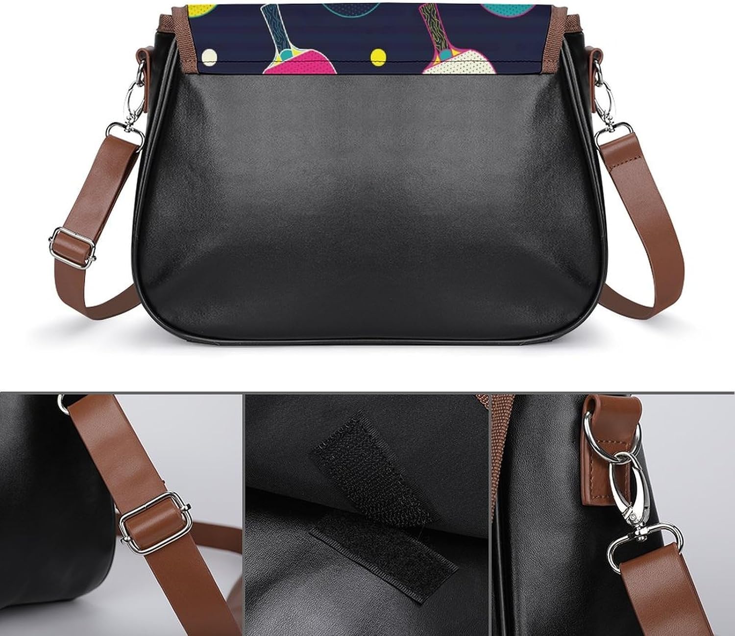 Colorful Ping Pong Balls And PaddlesWomen's Faux Leather Crossbody Bag, Waterproof Wrinkle-Resistant Shoulder Bag with Detachable Strap, Large Capacity Casual Handbag, Fashion Daily Purse for Shopping