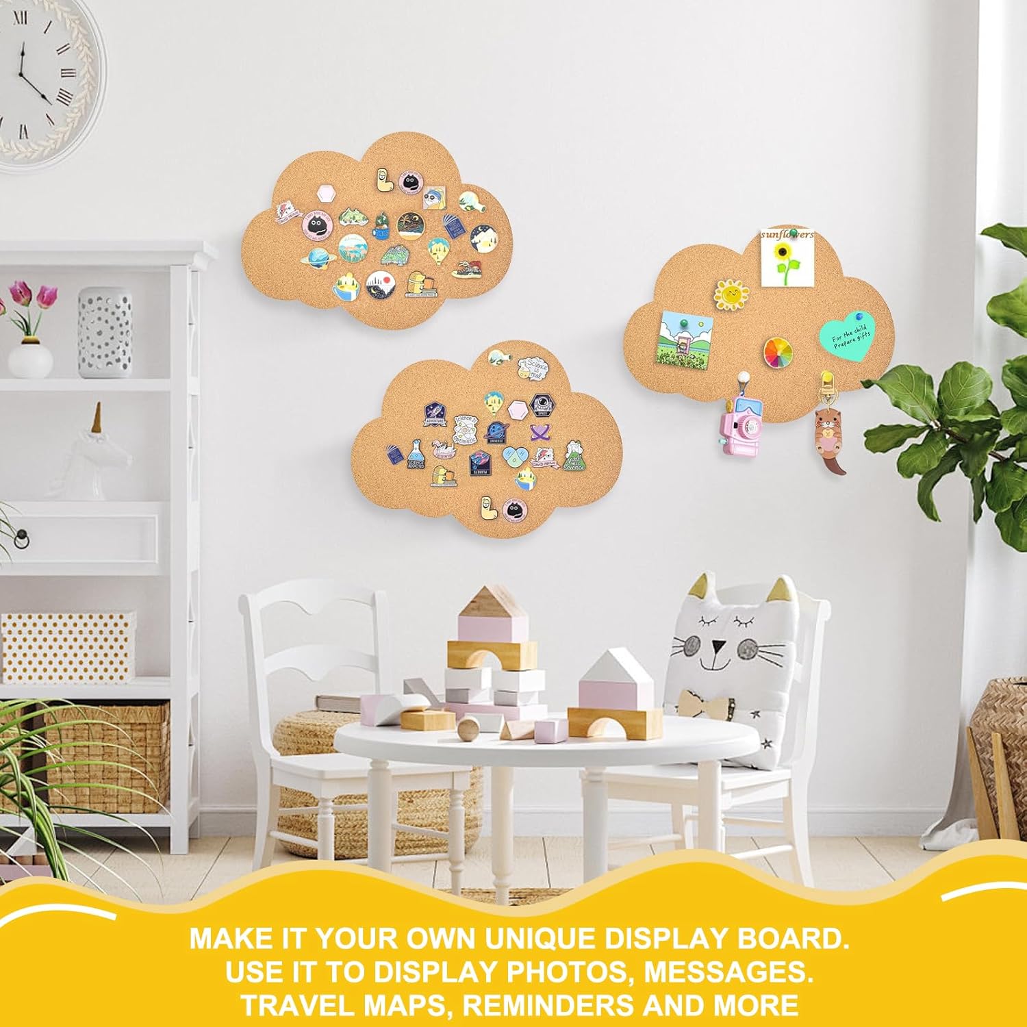 3 Pcs Cloud Cork Board Push Pin Display Board for Walls 0.5" Thick Cute Felt Bulletin Boards with Thumbtacks Cloud Vision Boards for Photo Decorative Brooch Pin Storage Office Home Decor, 12x8.6