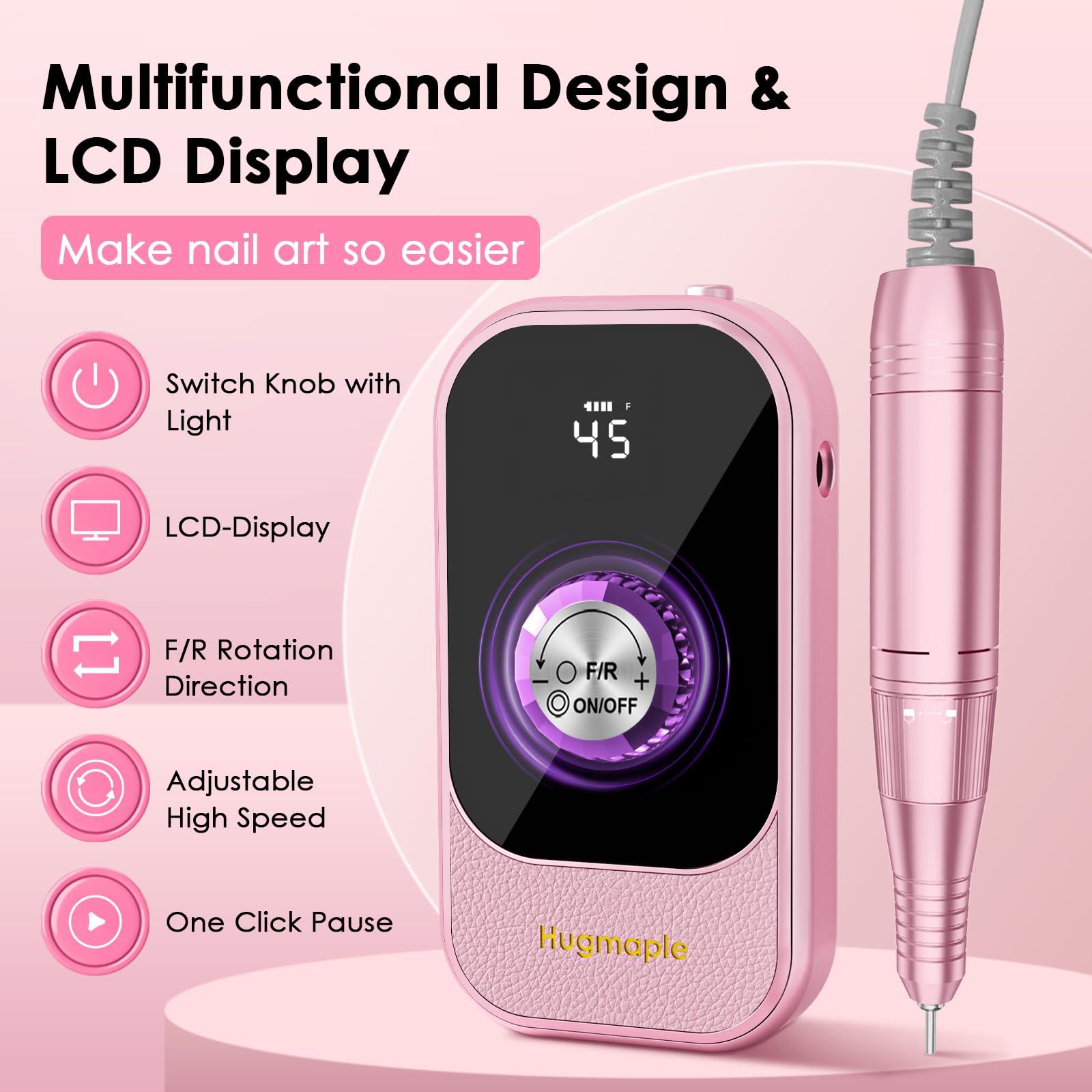 HUGMAPLE Lime à ongles électrique professionnelle 45 000 tr/min portable avec embouts et base, kit de perceuse à ongles sans fil rechargeable pour façonner, enlever et polir les ongles en gel pour