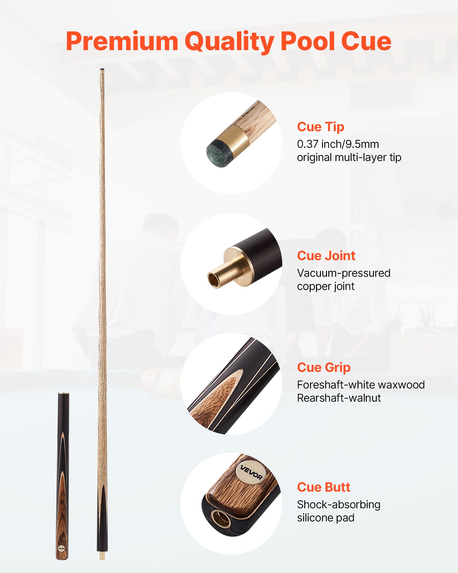 VEVOR Queue de Billard articulée 1447,8 mm, 540 g, Canne de Billard avec rallonge, Embout en Cuir de 9,5 mm et étui en Aluminium, Queue de Snooker pour Table de Billard Professionnelle, Bar, Maison
