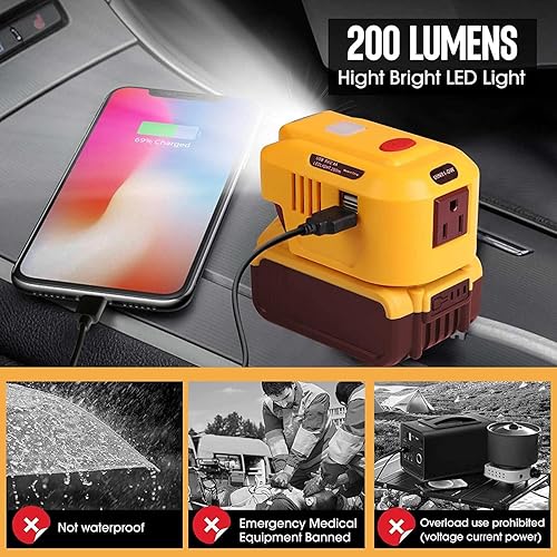 Miniatura 10 de 3 en 1 200 W para inversor de corriente Dewalt de 20 V a 110 V, adaptador de cargador USB portátil compatible con batería DeWalt de 20 V 60 V con