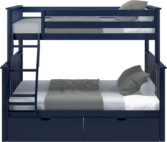 Max & Lily Bunk Bed, Twin-Over-Full Wood Bed Frame for Kids with Storage Drawers, Blue