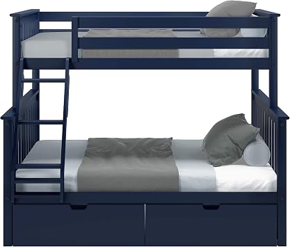 Max & Lily Bunk Bed, Twin-Over-Full Wood Bed Frame for Kids with Storage Drawers, Blue