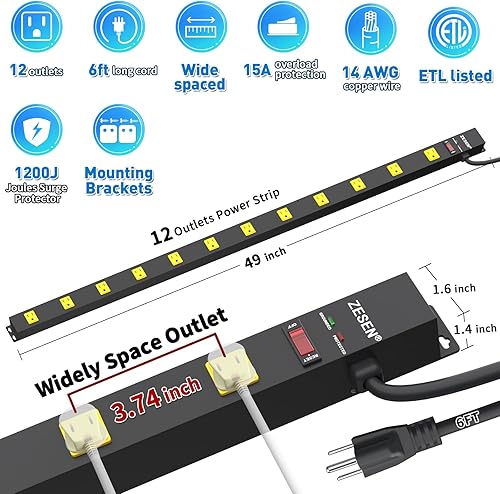 Miniatura 2 de Regleta de alimentación larga de 12 salidas con cable de alimentación de 6 pies, resistente industrial para banco de trabajo, taller de garaje,