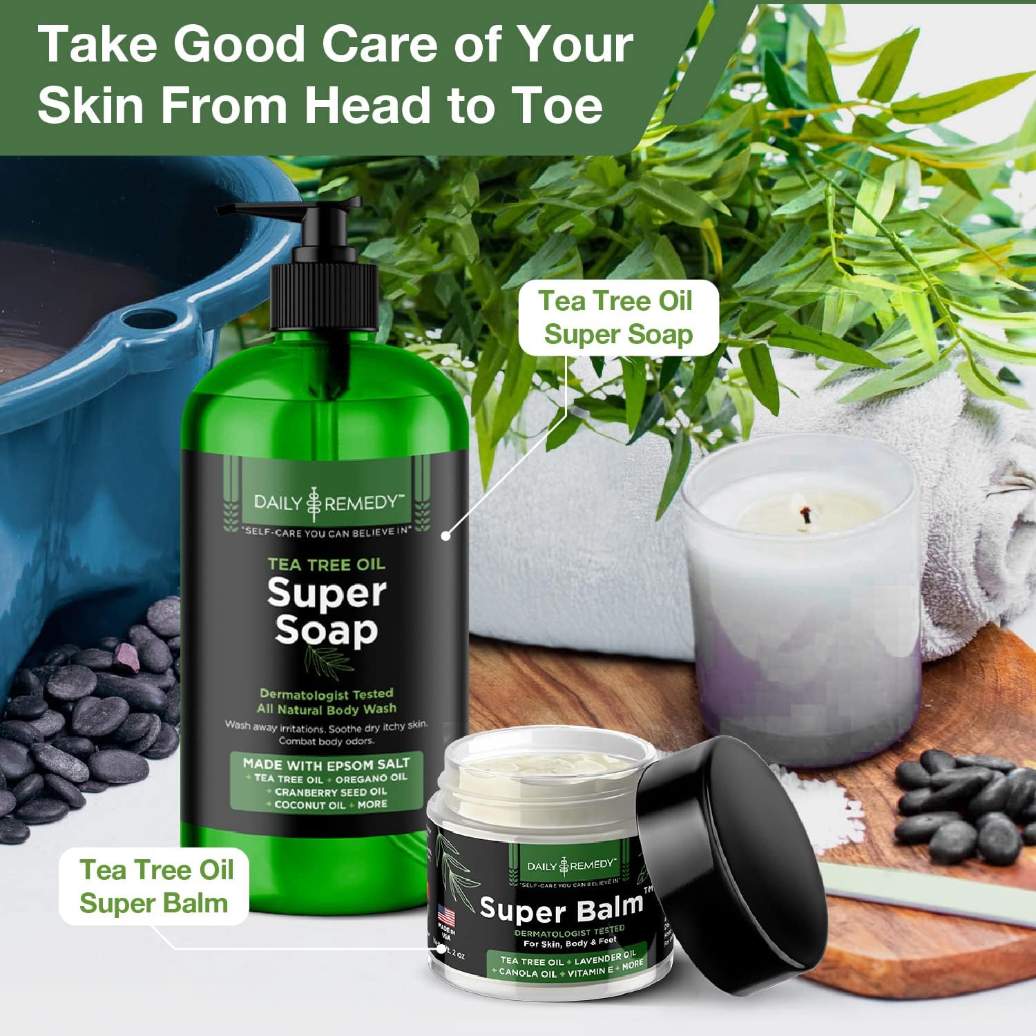 Daily Remedy Tea Tree Oil Body Wash and Tea Tree Oil Super Balm Set - for Athletes Itchy Feet, Jock Itch, Irritated Skin, Cuts, Rashes, Body and Foot Odor : Health & Household