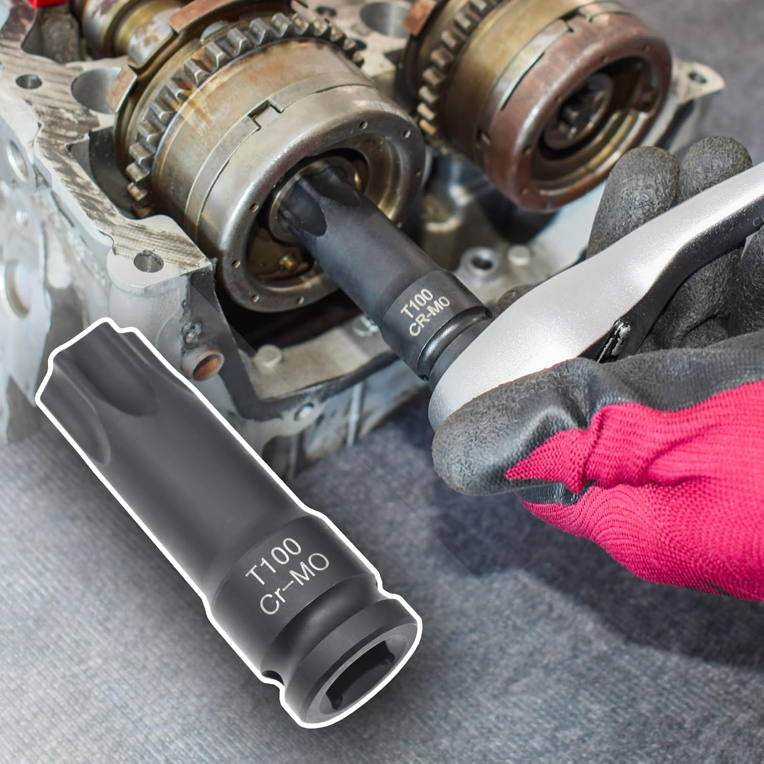 Engine Timing Tool Kit, Compatible with Mercedes Benz M157/M276/ M278, Camshaft Timing Tool with T100, Fuel Injector Puller, Rotary Rod, Fixing Screw, with Case and Gloves