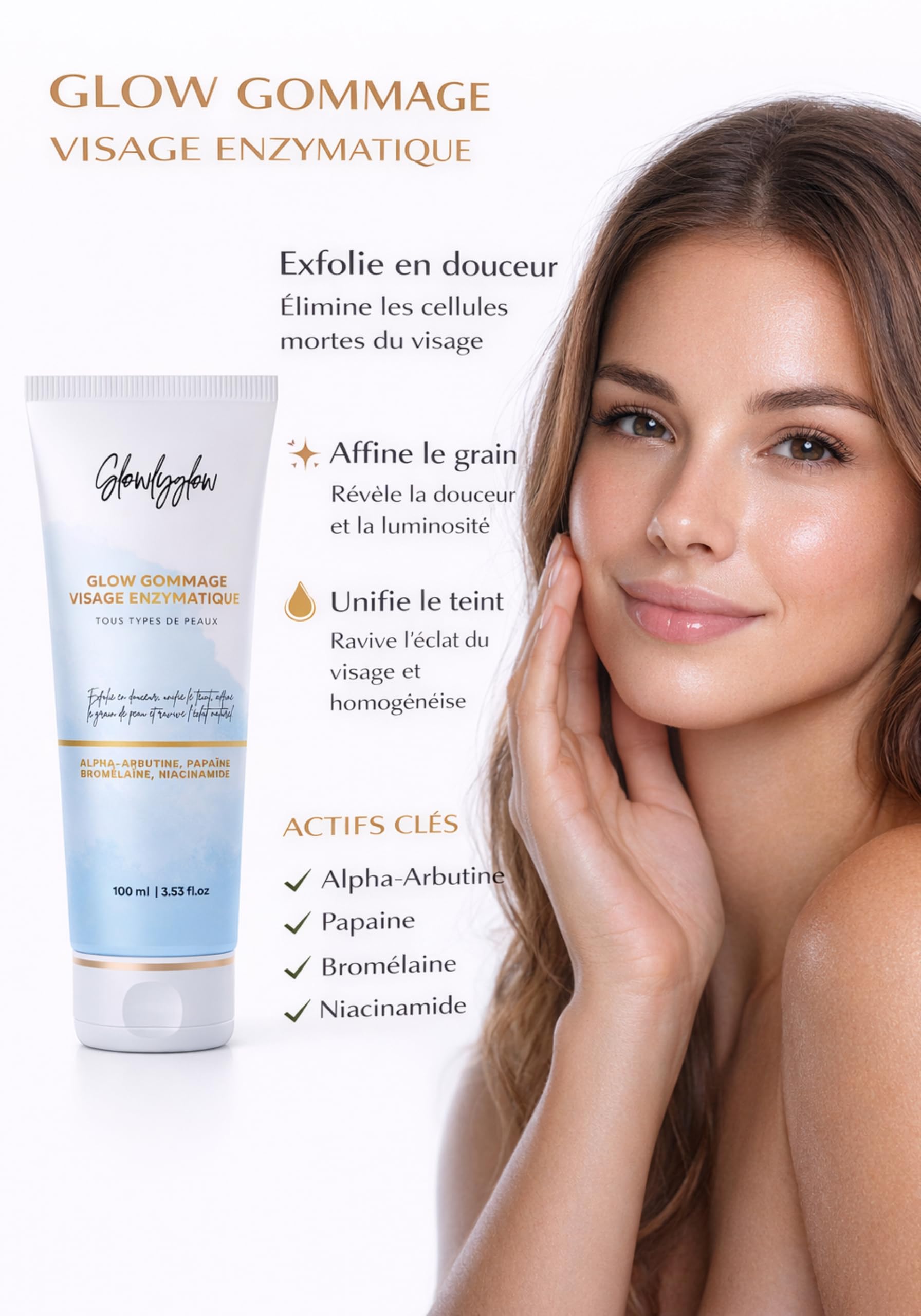 Gommage Enzymatique Visage – Niacinamide, Papaïne & Acide Mandélique | Exfolie, Resserre les Pores & Illumine le Teint | 100 ML | Peaux Sensibles & Ternes