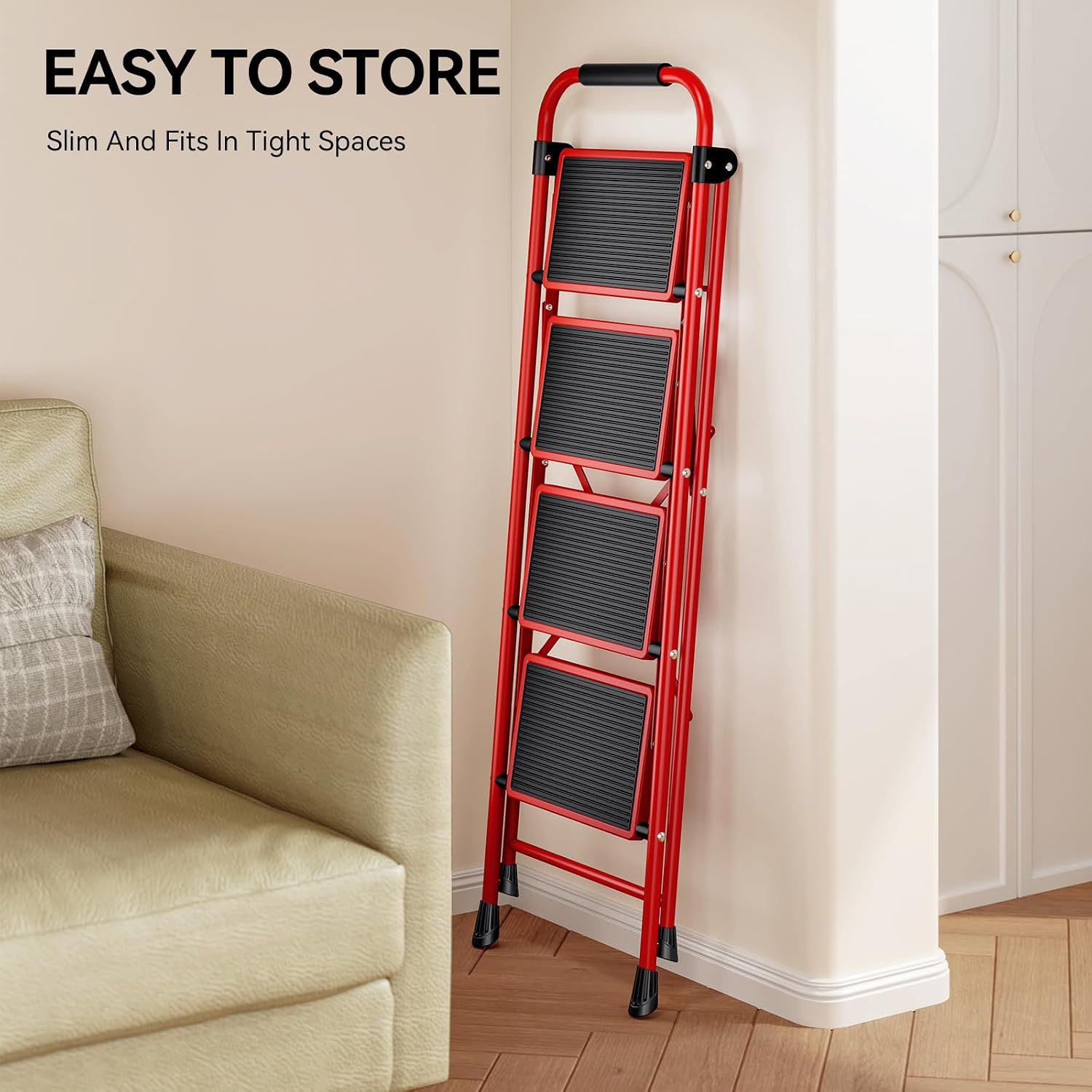 The KINGRACK 4-Step Folding Ladder folded flat and stored upright in a narrow space next to a wall and sofa.