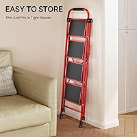 Vista 7 de KINGRACK Escalera plegable de 4 escalones, escalera de acero de seguridad resistente de alta resistencia con pasamanos y pedales anchos para Rojo