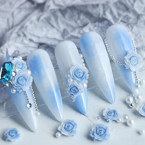 RIICFDD Dijes de uñas de rosa azul, 30 piezas de dijes acrílicos para uñas, dijes de perlas y cuentas redondas de bola de acero, dijes de arte de