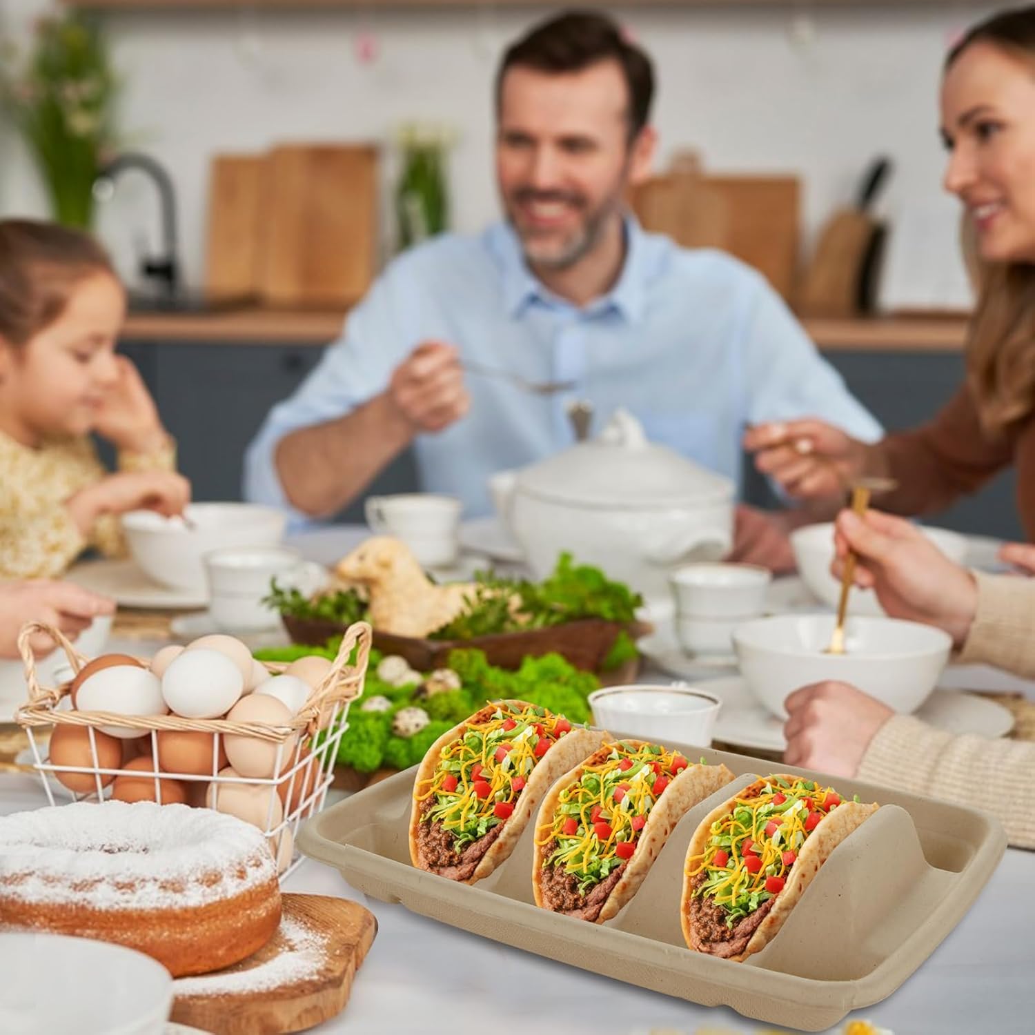 50PCS Disposable Taco Holders with Lid, Paper Taco Plates with Dividers, Paper Tray for Lazy Susan, Taco Stands for 3 Tacos Fiesta Taco Trays Disposable for Party