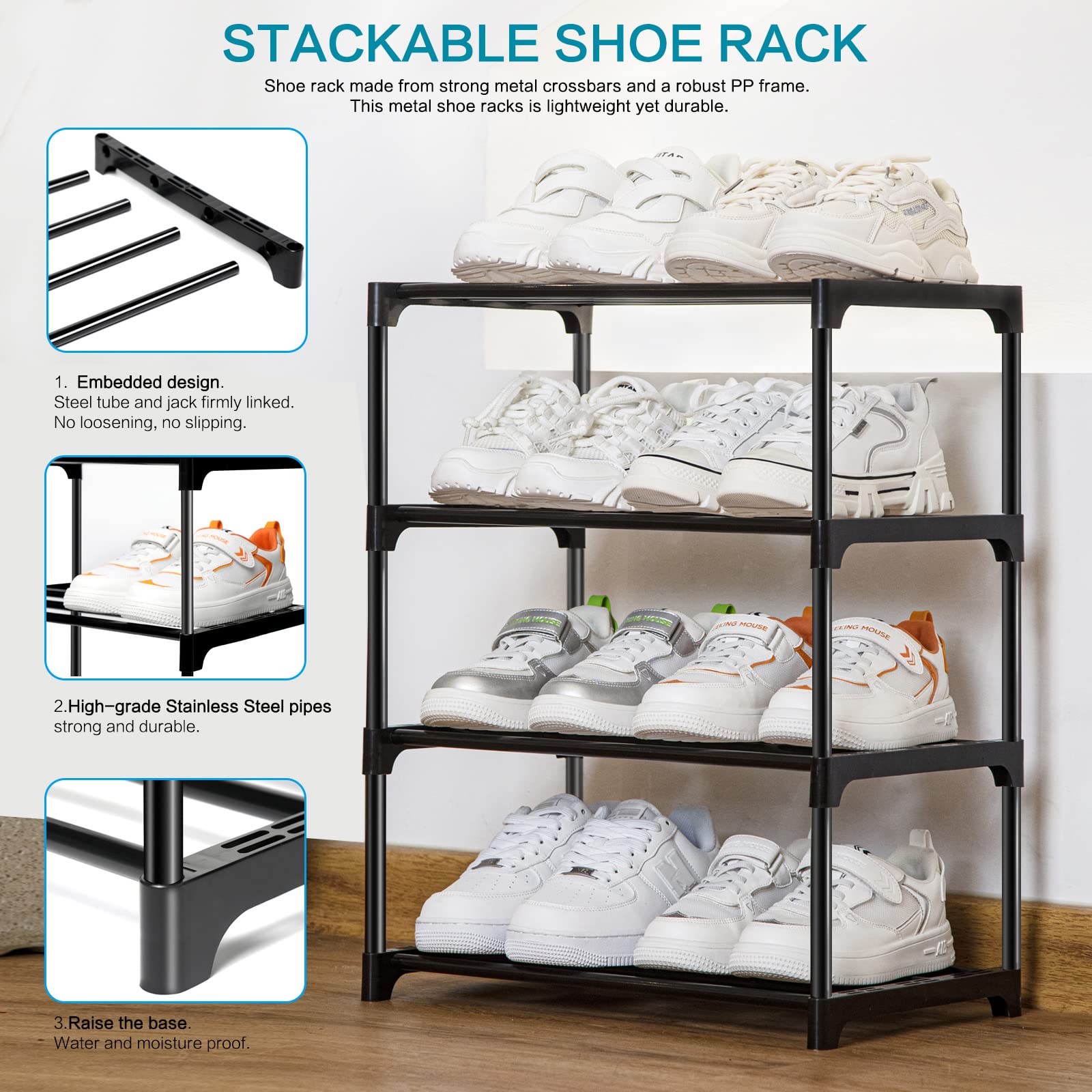 Zapatero pequeño apilable para armario de 4 niveles, organizador resistente para puerta delantera, entrada y entrada, estante de metal para zapatos, almacenamiento para armario, dormitorio, 4