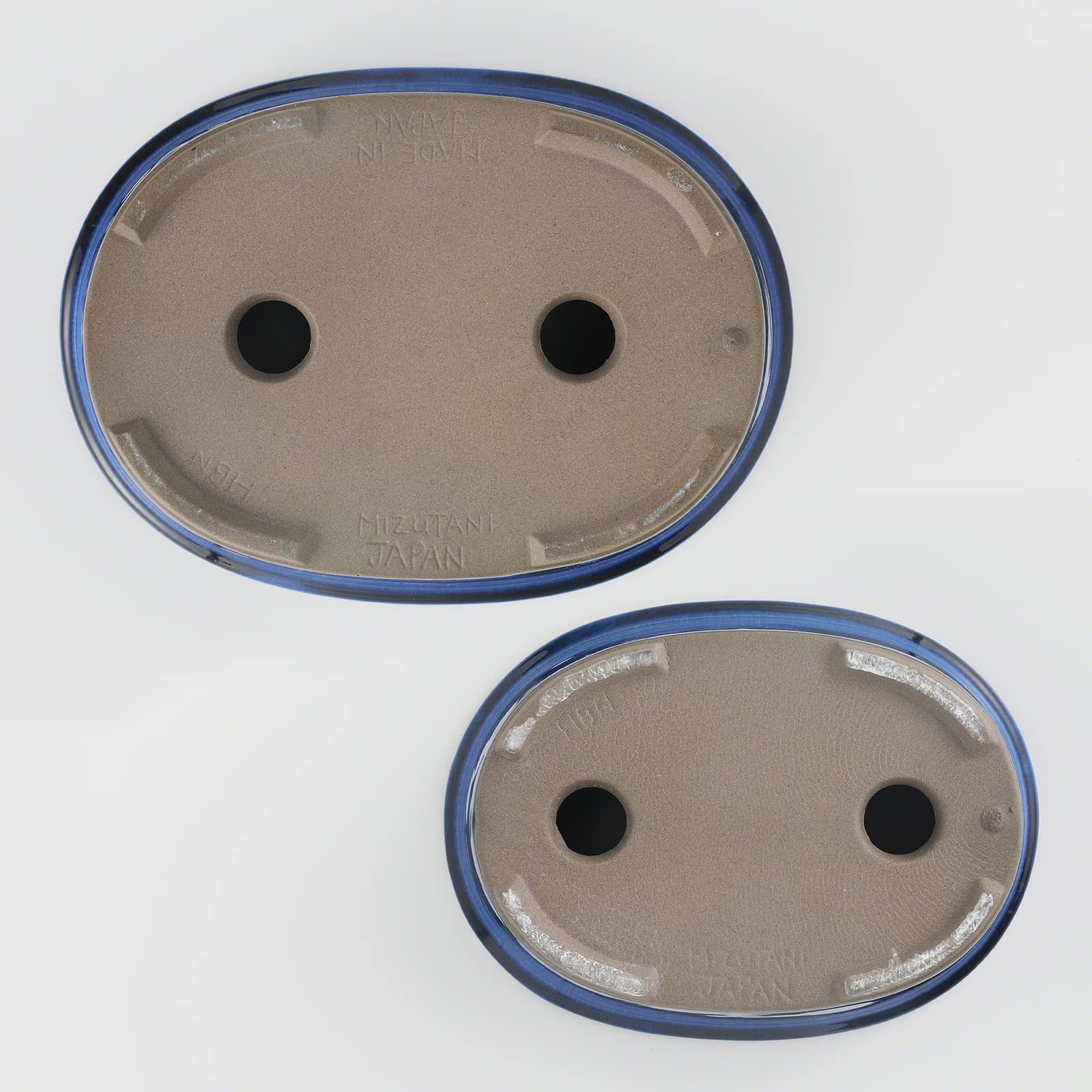 Wazakura Serie Banko Set di 2 Vasi per Bonsai Fatti a Mano con Fori di Drenaggio Realizzati in Giappone, Vasi Decorativi Ovali per Fiori, Ciotole Smaltate per Piante da Interno - Set Blu 2 Pezzi