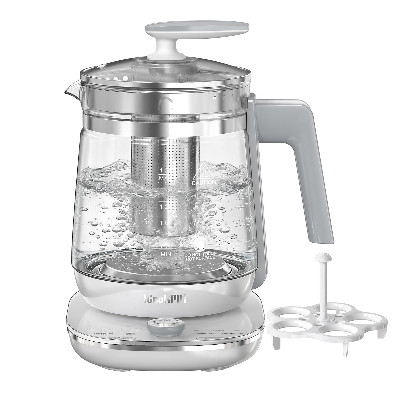 Photo 1 of ICOOKPOT 1200w Electric Kettle, 1.5L Borosilicate Glass tea kettle, Hot water kettle electric for Coffee or Tea, BPA Free, Auto Shut-Off, Stainless Steel, Fast Boil, White