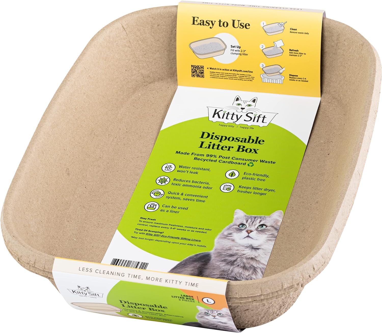 Bundle of Kitty Sift (6-Pack) Large Disposable Cat Litter Box + Kitty Sift FiberScoop Disposable Litter Scooper, Plastic-Free & Sustainable