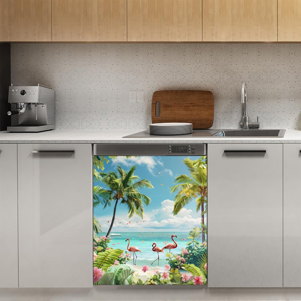 Dishwasher Magnet Cover Flamingo Palm Beach Front Dishwasher Cover Decorative Refrigerator Reuseable Home Cabinet Appliances Stickers Decor 23 x 26 inch