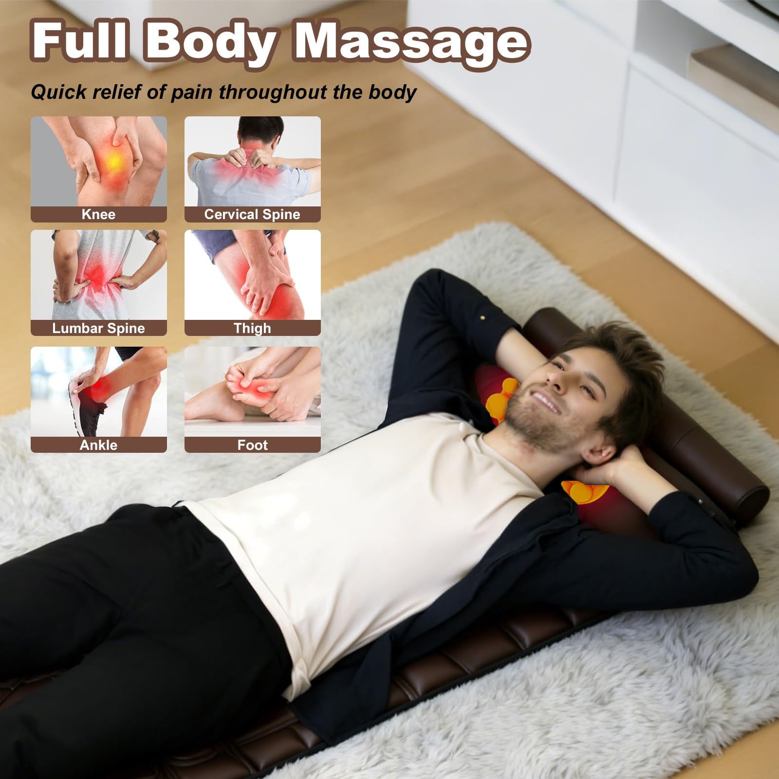 Ganzkörper-Massagematte mit Wärme und beweglichem Shiatsu-Nacken- und Rückenmassagegerät, Massage-Matratzenauflage mit Kopfkissen und Lendenwirbelstütze, 12 Vibrationsmotoren, 9 Massagemodi und 2