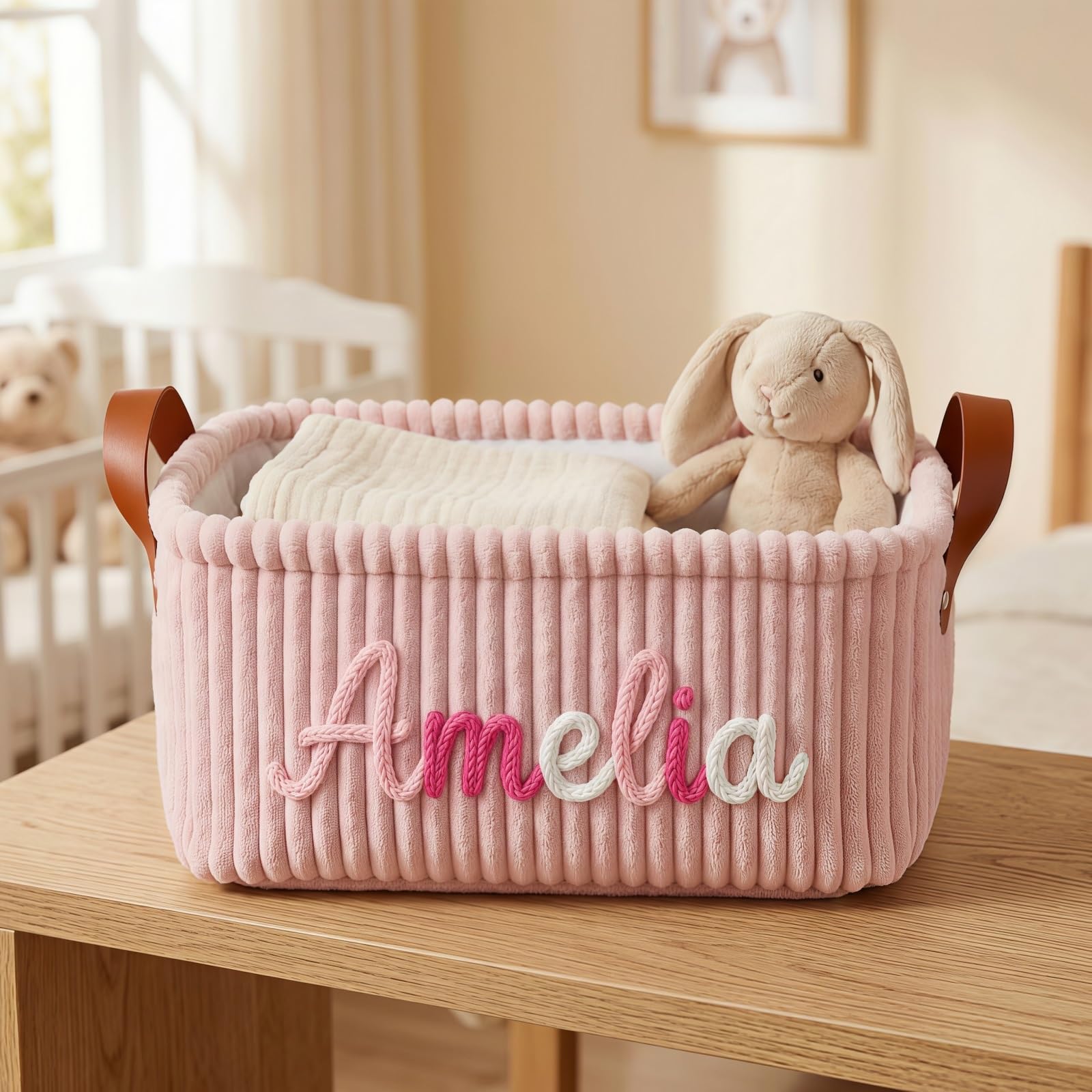 Custom Corduroy Nursery Storage Bin For Newborn, Personalized Baby Gift Basket With Name, Embroidered Name Diaper Caddy, Baby Shower Present(Pink)