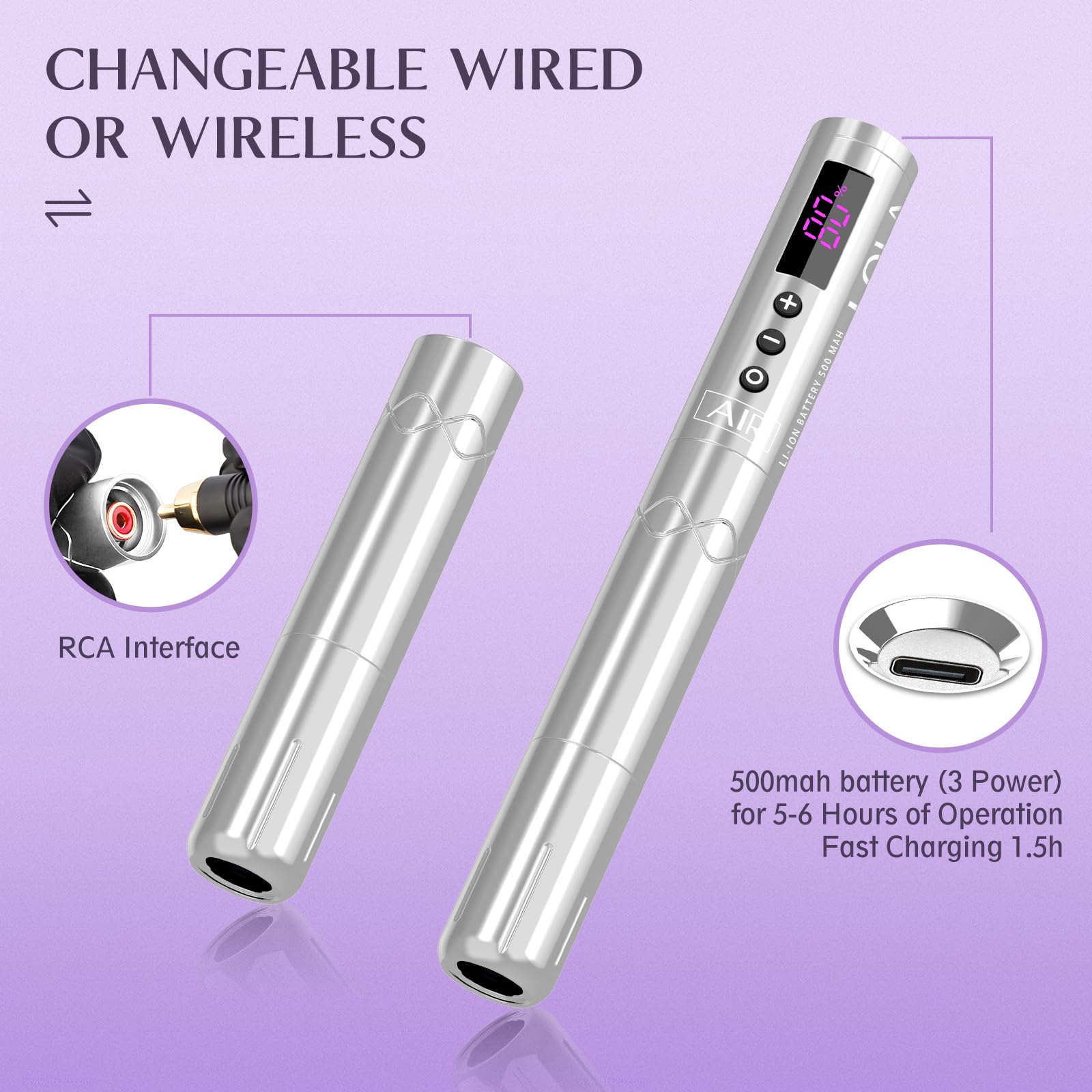 EZ Drahtlose Tattoo Maschine - Permanentes Makeup Tattoo Stift Maschine mit 3Stück Batteriebetrieb Rotations Tattoo Pistole für Tattoo Künstler und Künstlerinnen (LOLA AIR Silber)