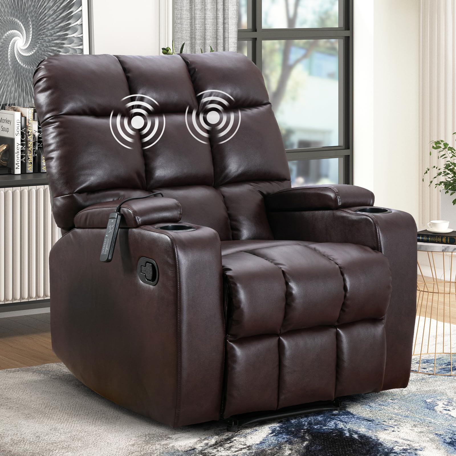 Bonzy Home Modern Manual Massage Recliner Chair PU Leather Reclining Chairs with Cup Holders and Storage Box for Adults and for Nursery and for Living Room Bedroom, Classic Brown