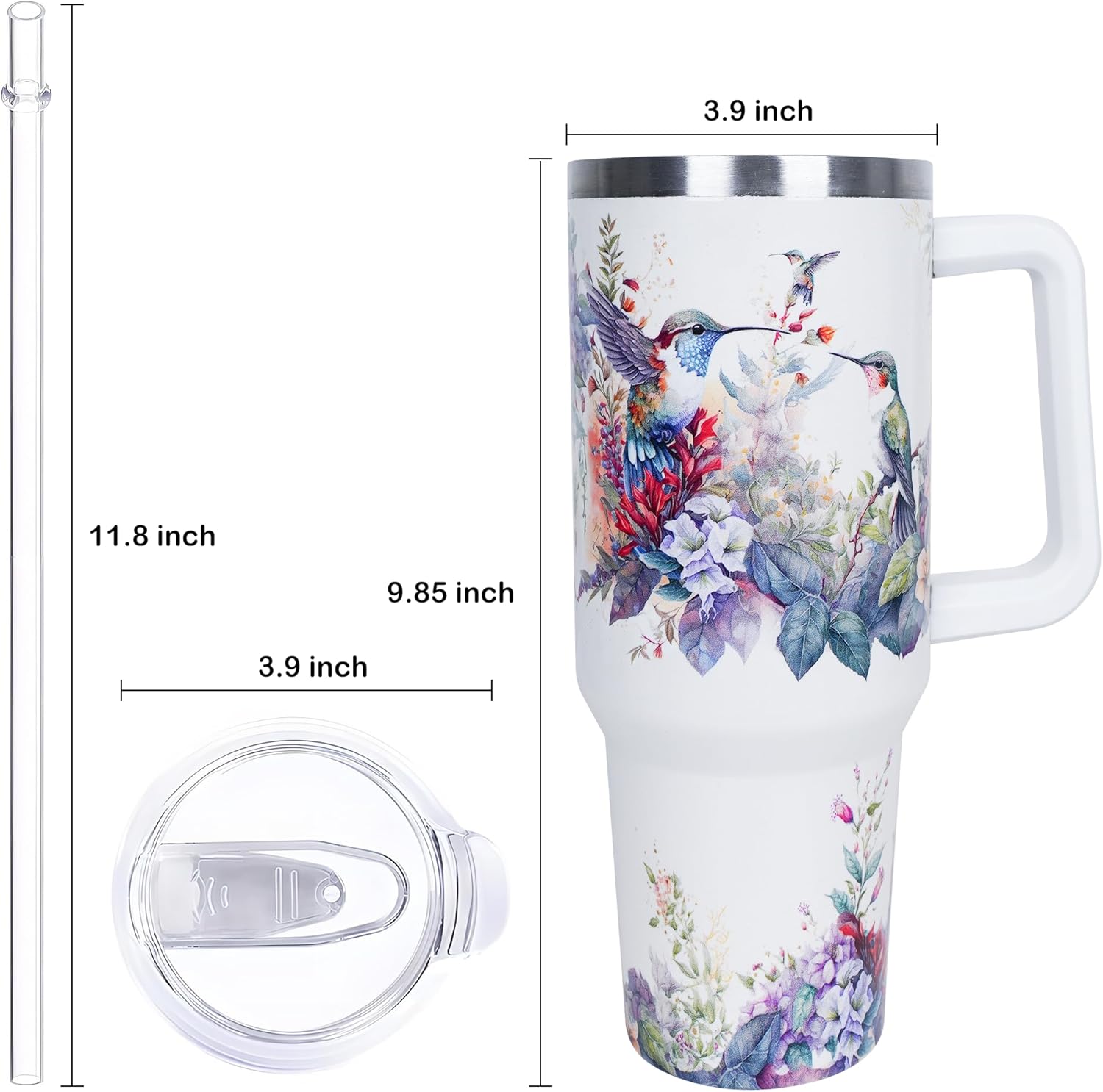 40 oz Cute Hummingbird Tumbler with Handle and Straw, Stainless Steel Insulated Cup with Lid and Straw, Travel Mug Water Bottle, Gifts for Women - Image 3