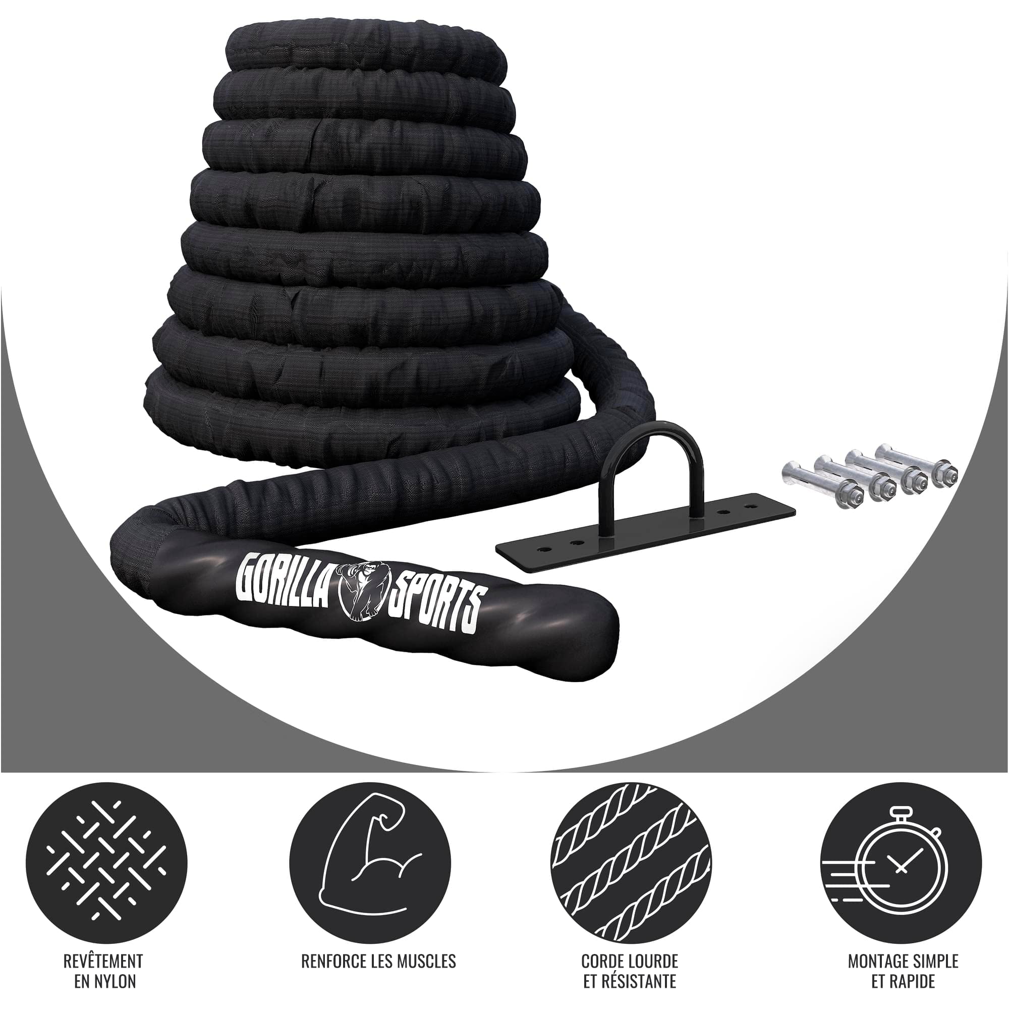 Gorilla Sports® Battle Rope - Longueur 9/12/15 m, Diamètre 38mm/50mm, avec Fixation Mural, en Nylon, Noir - Corde de Bataille, de Combat, Ondulatoire pour Entraînement, Sport, Fitness et Musculation