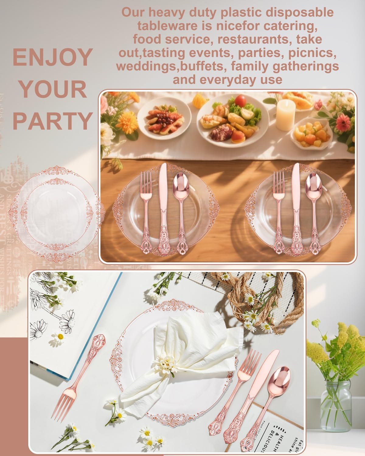 YOUBET 700PCS Rose Gold Plastic Plates - Clear Rose Gold Plastic Dinnerware Set Include 200 Disposable Plate, 300 Heavy Duty Silverware, 100 Cups, 100 Napkins for Wedding & Party & Baby Shower - Image 7