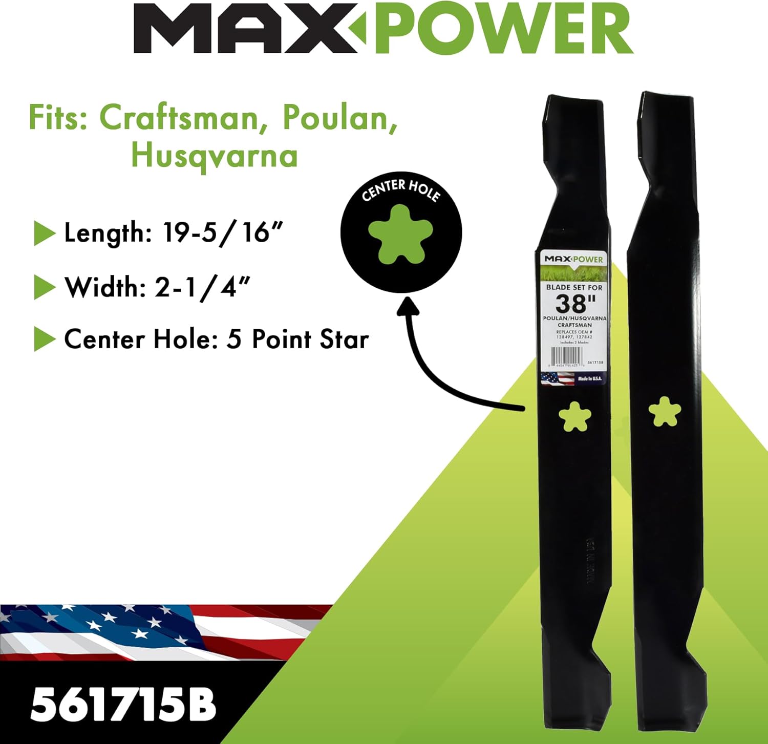 Maxpower 561715B 2 Blade Set 38" Cut Craftsman, Husqvarna, Poulan Mowers, Replaces OEM no. 138497, 127842, Black