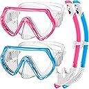 2 Sets Kids Snorkeling Gear for Ages 3-14, Anti-Fog 180° Clear View Dry Top Snorkel Set, Swimming Mask with Nose Cover & Tempered Glass Goggles for Youth Boys Girls Junior