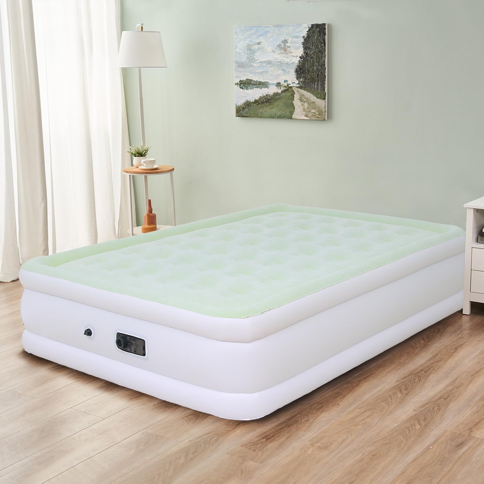 Colchón de aire tamaño Queen con bomba integrada, colchón inflable de 18 pulgadas, verde y blanco