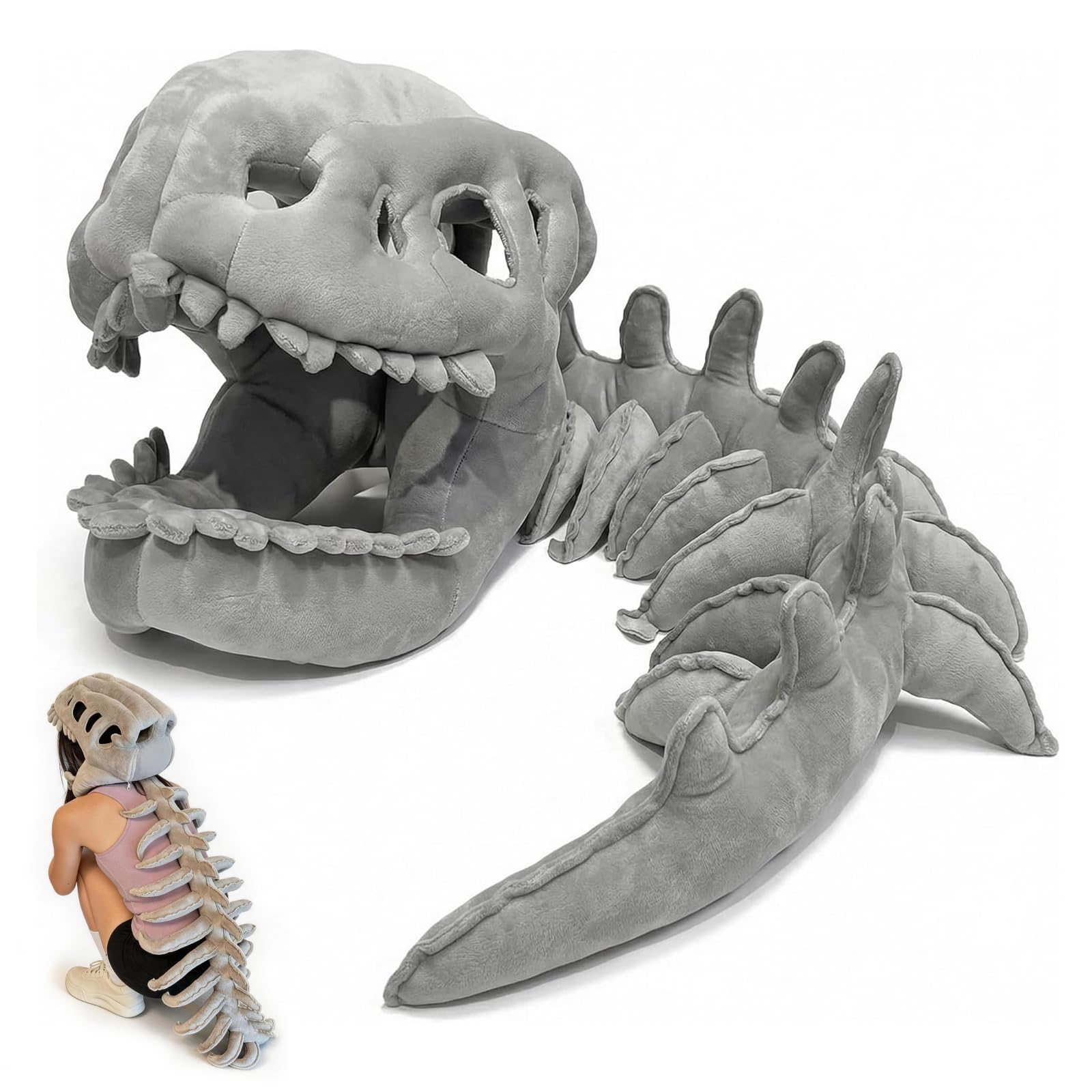DVDVBOOM Dinosaur Skeleton Costume, Realistic Dinosaur Skeleton Costume, Wearable Soft Fossil Outfit, Plush Dinosaur Skull Headpiece And Spine Costume, Halloween Fun Dinosaur Costume for Cosplay â image 1