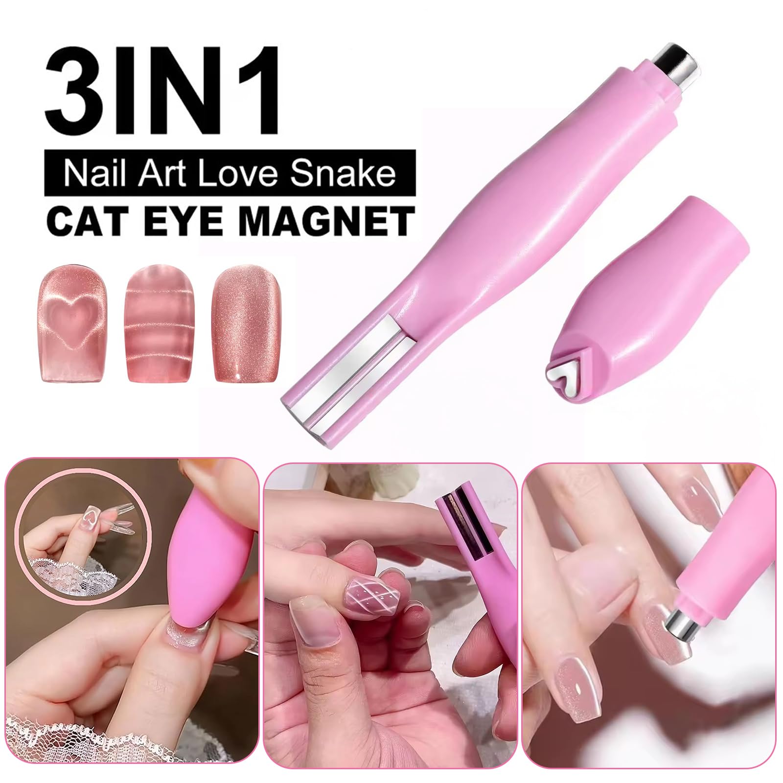 2 szt. Magnesy do paznokci kocie oko do paznokci, 3 w 1 różowy magnes do paznokci pióro i automatyczne silne narzędzie 5D do wzorów kocie oko, magnesy, serce, linie i szeroki lekki żelowy