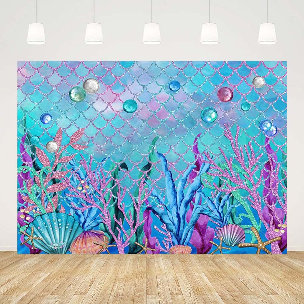ABLIN 10x7ft Under The Sea Backdrop for Photoshoot Purple Corals Pearls Photography Background Little Mermaid Party Decorations for Girls Photo Shoot Props Cake Table Banner