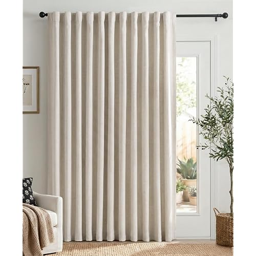 Linen Textured Total Blackout Sliding Door Curtains 84 Inches Long, Cream