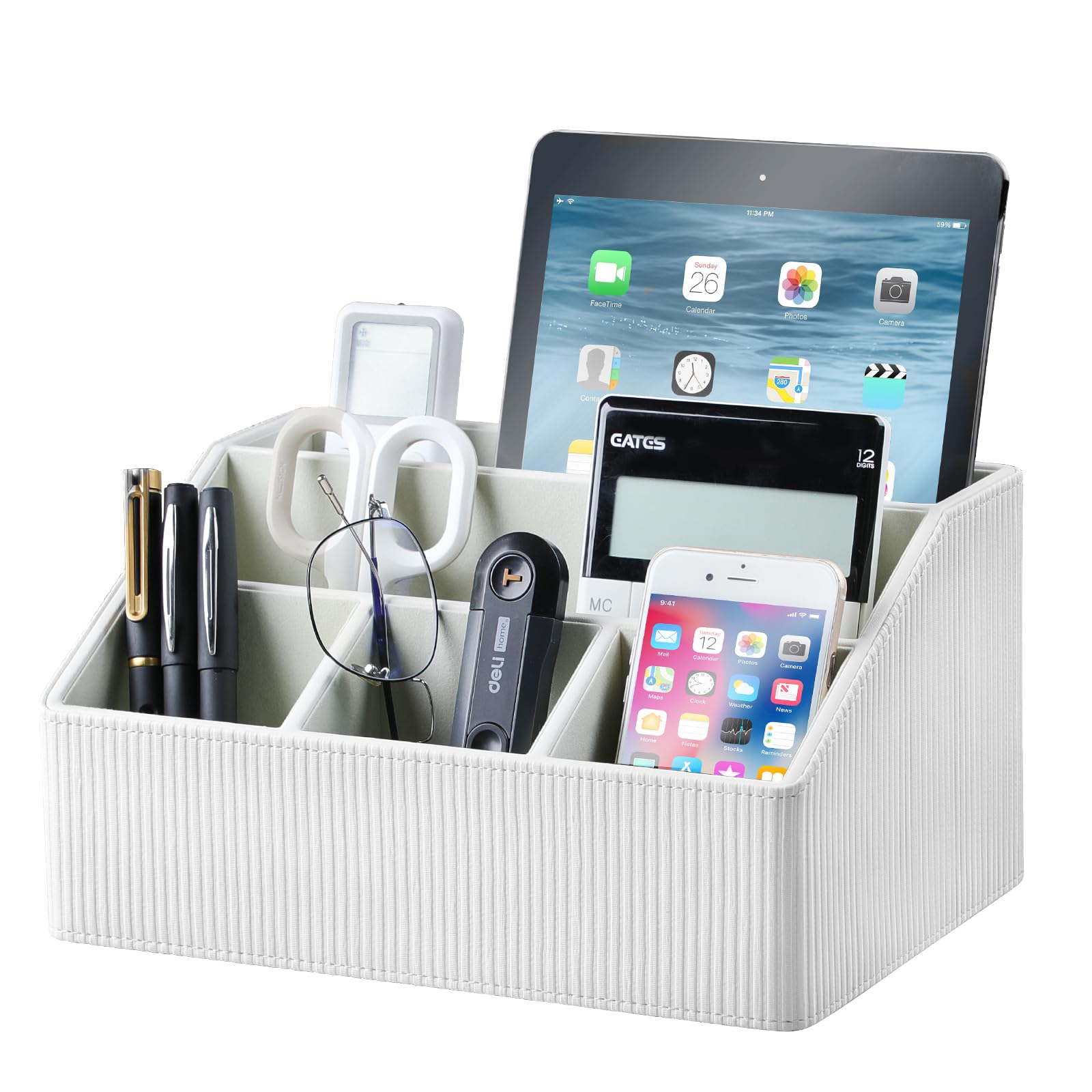 Organizador de escritorio de piel sintética con posavasos, caja de almacenamiento multifuncional con 5 compartimentos, accesorios de oficina, bolígrafo, lápices, tarjetas de identificación