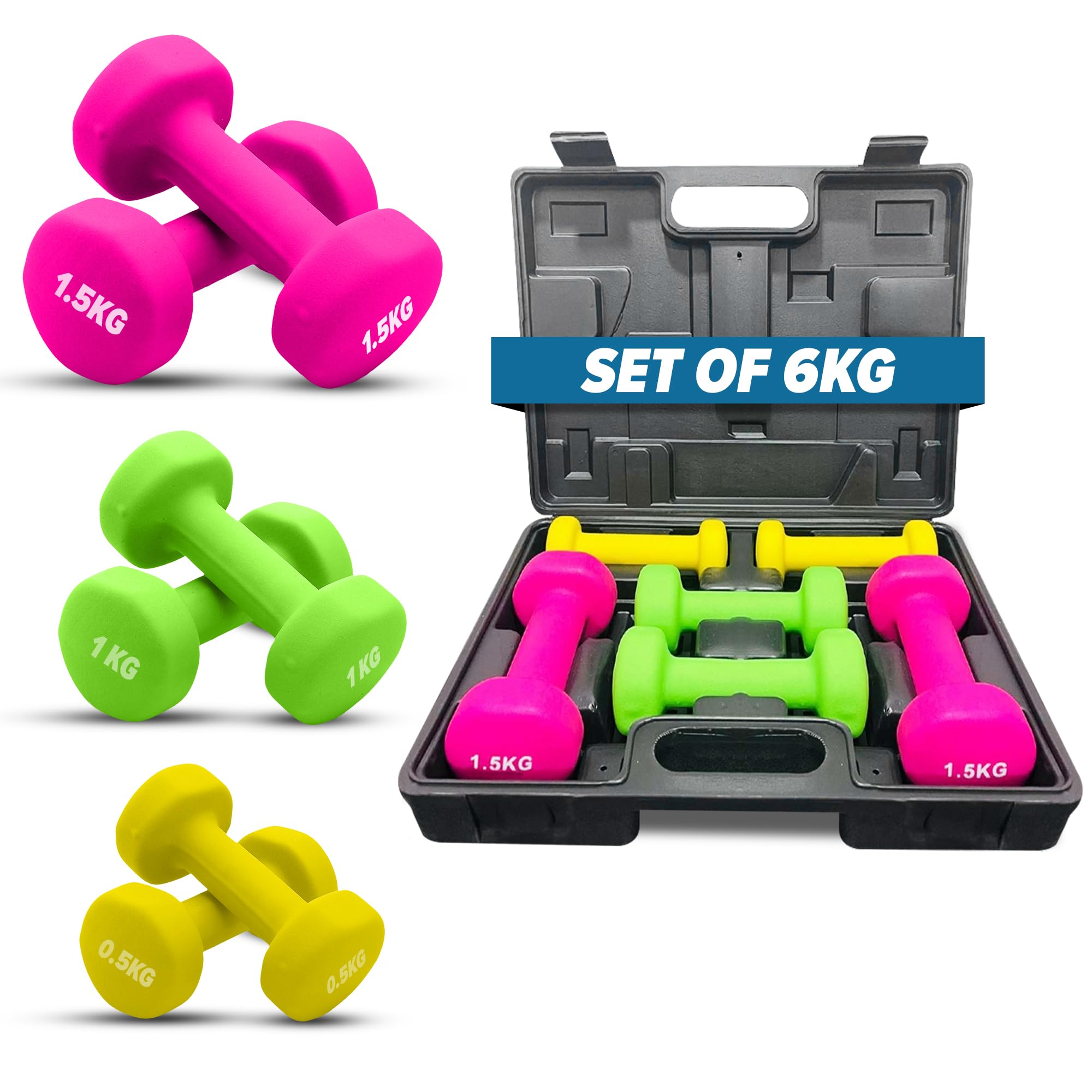 ND Sports Weights Dumbbells Set – Neoprene-Coated Hand Weight Lifting With Anti-Roll Design | Dumbbells Set For Women, Men & Home Gym | Non-Slip Grip, Vinyl Multi-Colour Pairs With Carry Case - View #6