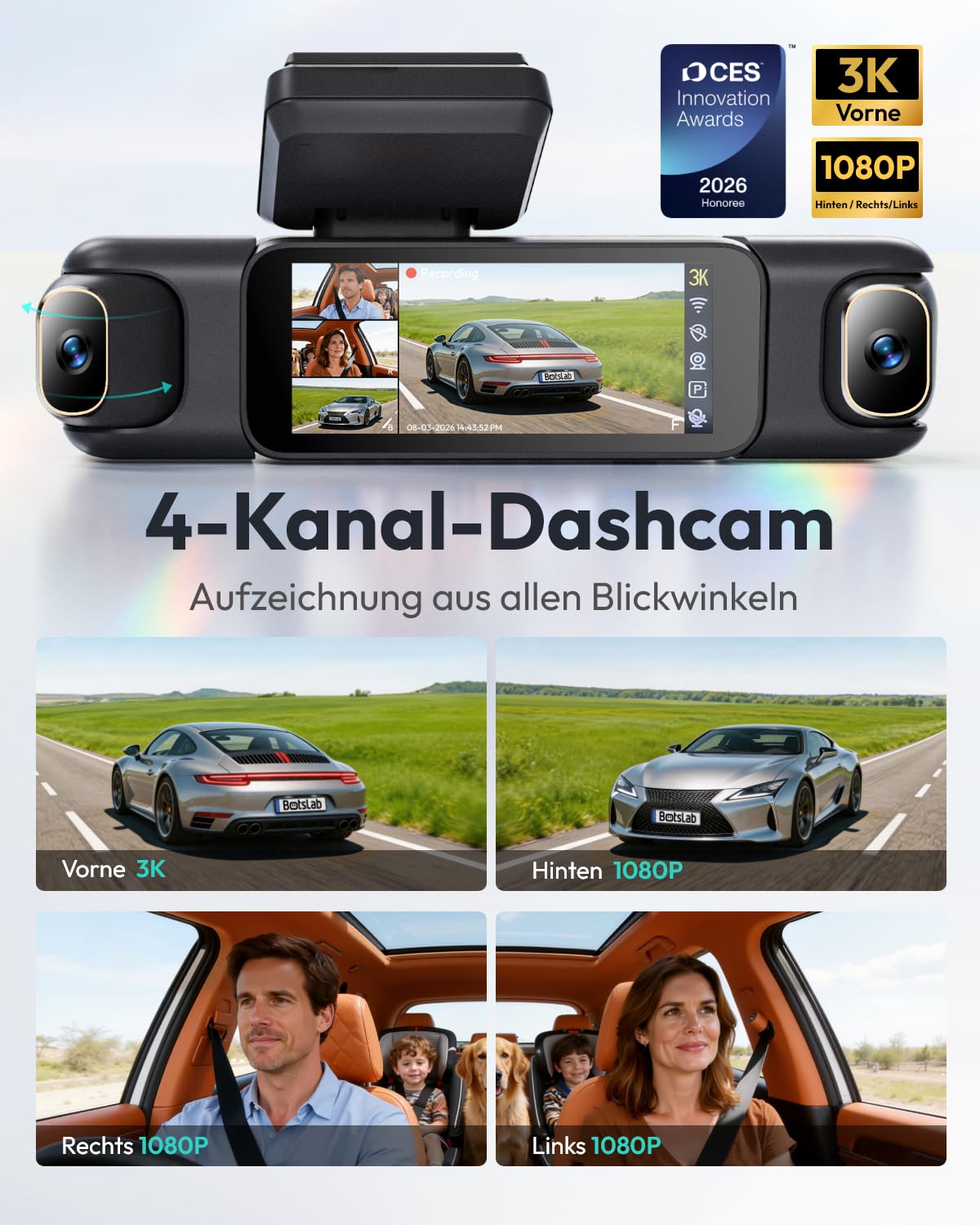 BOTSLAB 4 Kanal Dashcam Auto Vorne Hinten, 360° Dash Cam, 3K+3*1080P Autokamera mit 128GB SD Karte, 5,8GHz WiFi & GPS, Super Nachtsicht, WDR, 3,18" IPS-Bildschirm, G-Sensor, Loop-Aufnahme, Parküberwachung