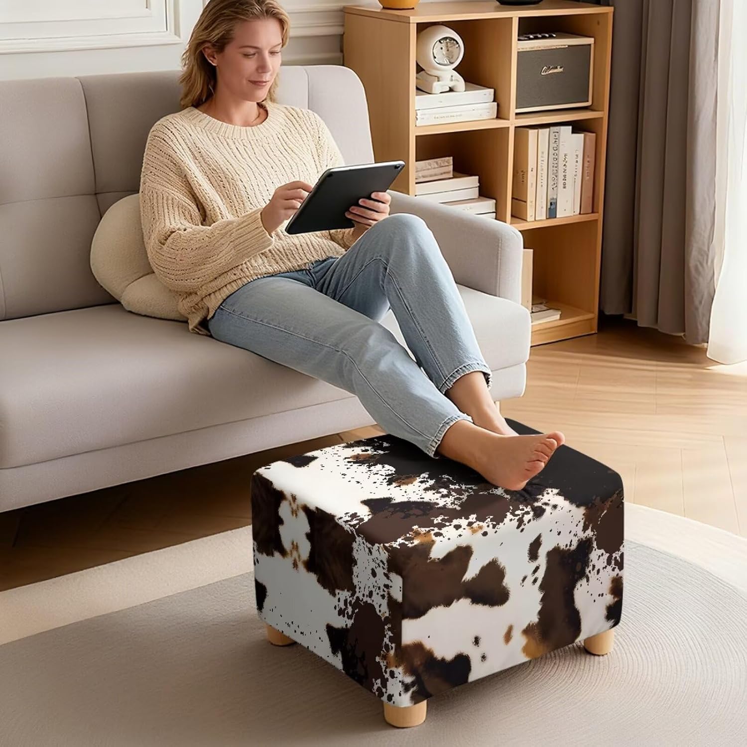 Cow Print Stretch Ottoman Slipcover Square Folding Storage Stool Ottoman Cover Slipcover Chair Covers for Living Room