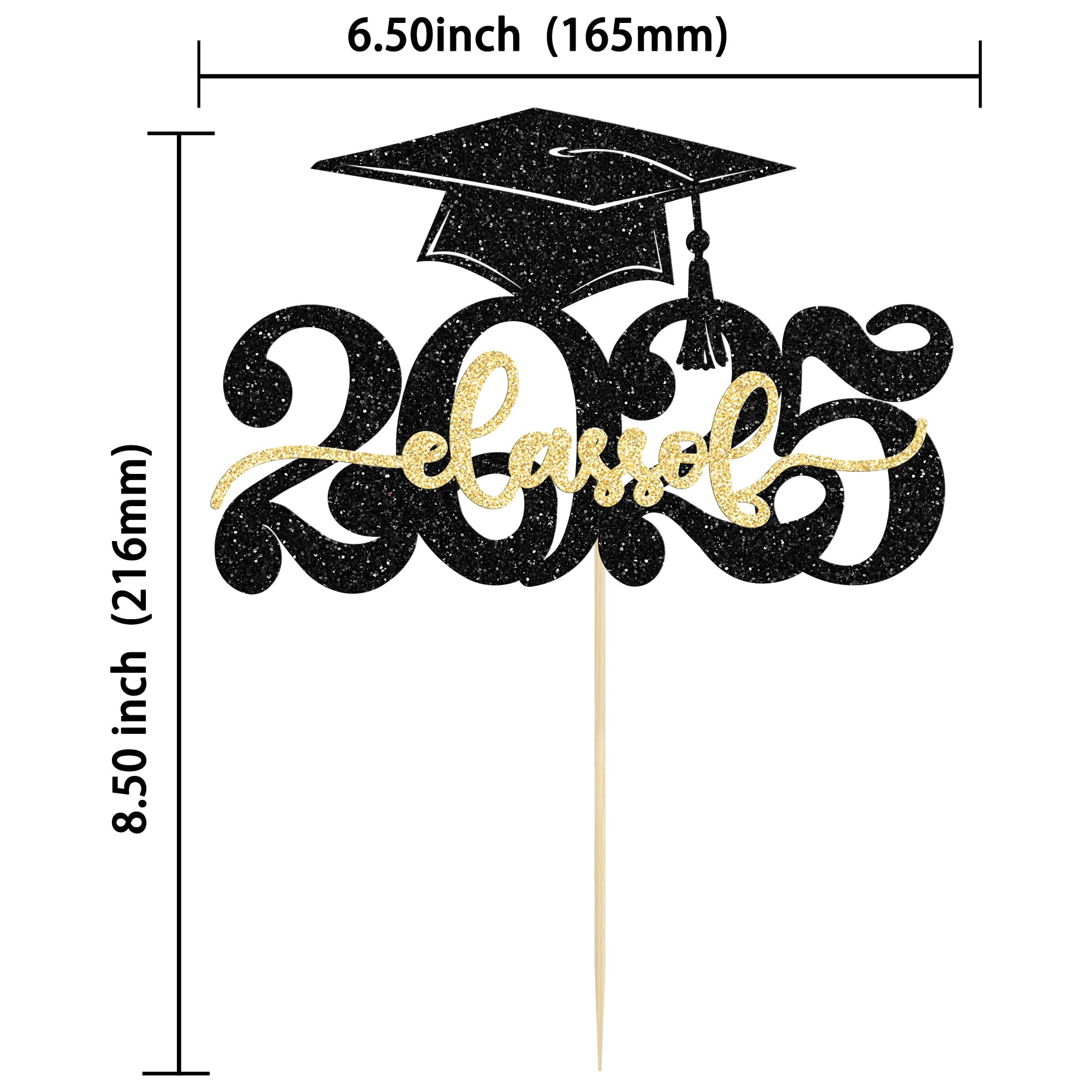 Gyufise 1Pcs Class of 2026 Cake Topper Glitter Congrats Grad Cap 2026 Graduation Cake Pick for 2026 Graduation Theme High School Boys Girls Graduate Party Cake Decorations Supplies Gold - Image 2