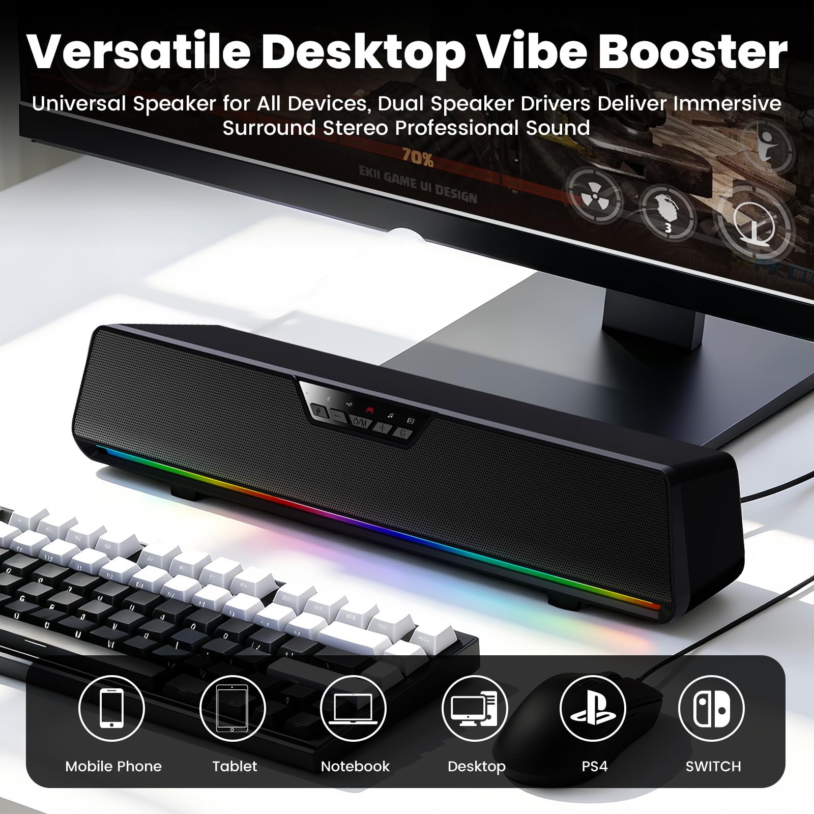 Altoparlanti per computer desktop, HiFi Bluetooth Soundbar RGB Luci Altoparlanti PC con suono Surge Clear Surge, USB C/USB Powered per computer desktop PC Laptop Monitor