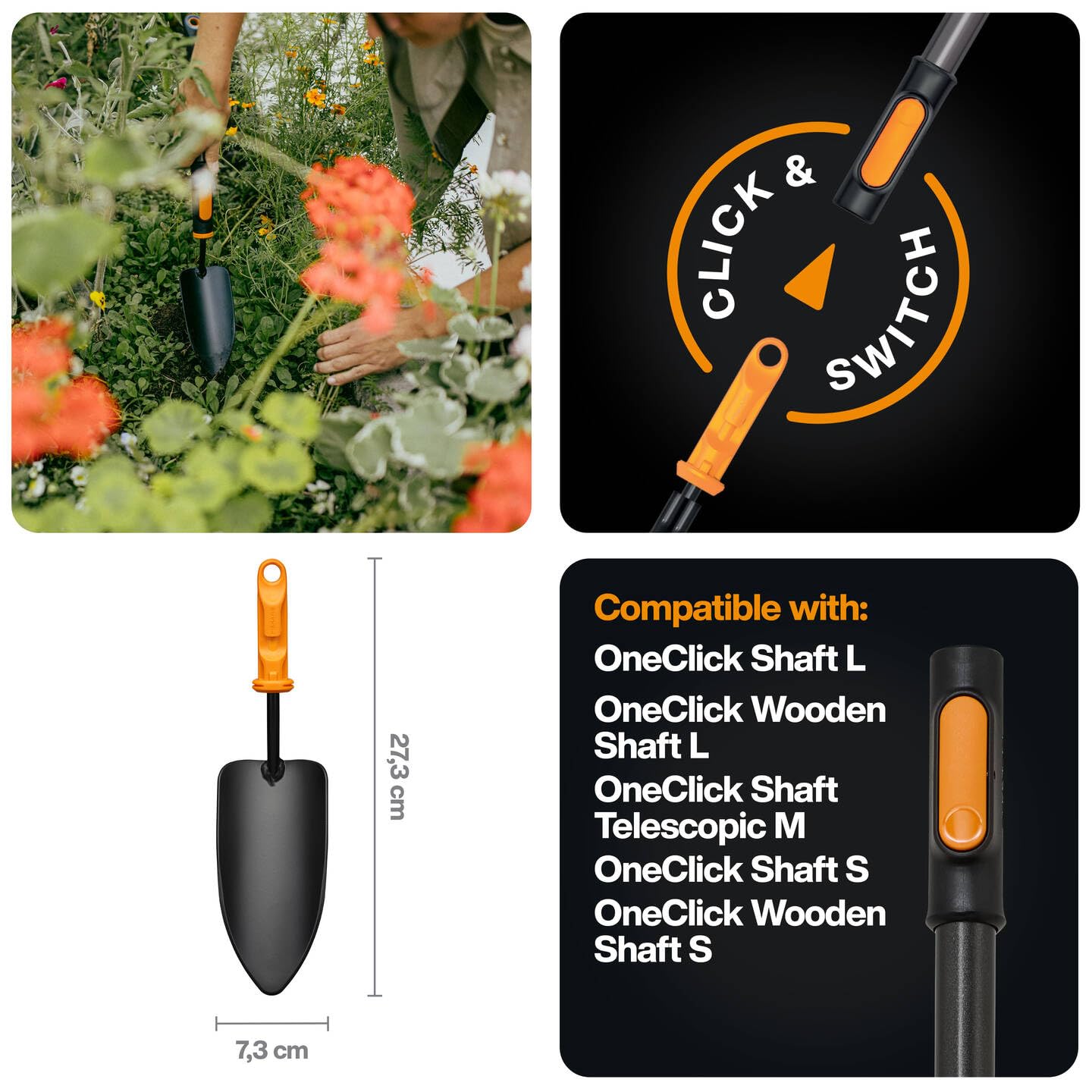 Fiskars OneClick Paletta da Giardino, Accessorio per Piantare e Trapiantare, Cambio Semplice con un Clic, Testa Robusta in Acciaio al Boro, Nero/Arancione, 1080693
