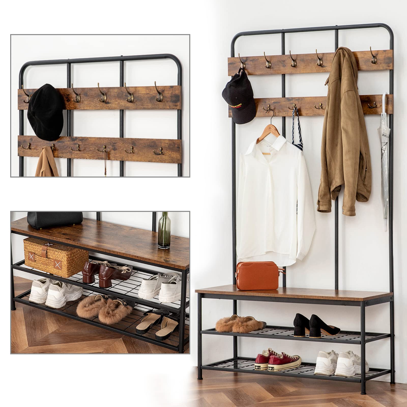 HOOBRO Grand Porte-Manteau, Meuble d’Entrée, avec Banc et Étagère à Chaussures 2 Niveaux, avec 12 Crochets, 100 x 35,5 x 182 cm, pour Couloir, Chambre, Style Industriel, EBF05MT01