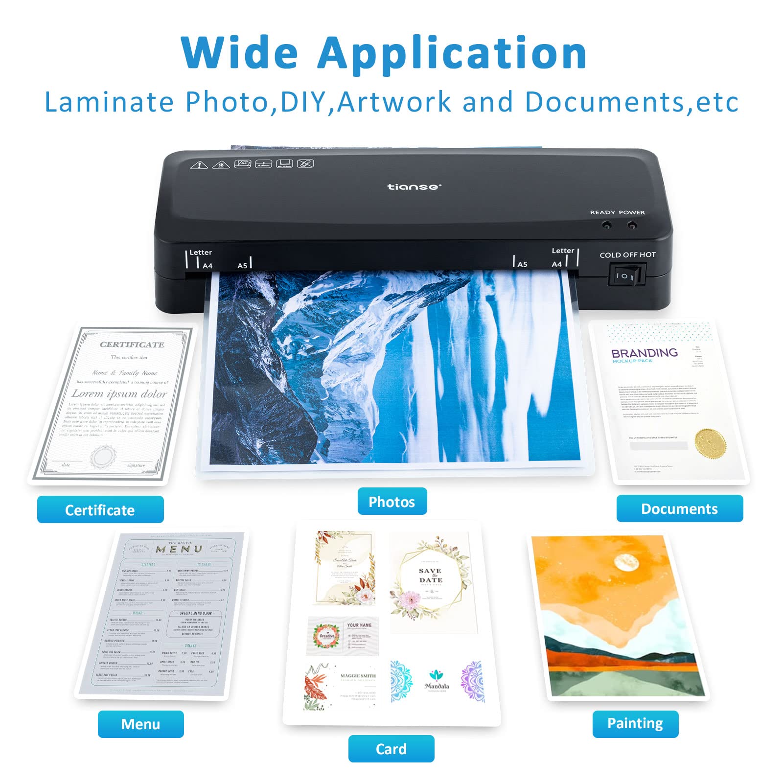 TIANSE Laminator Machine, A4 Thermal Laminator, Hot & Cold System for Professional Finish, Use for Home, Office, School