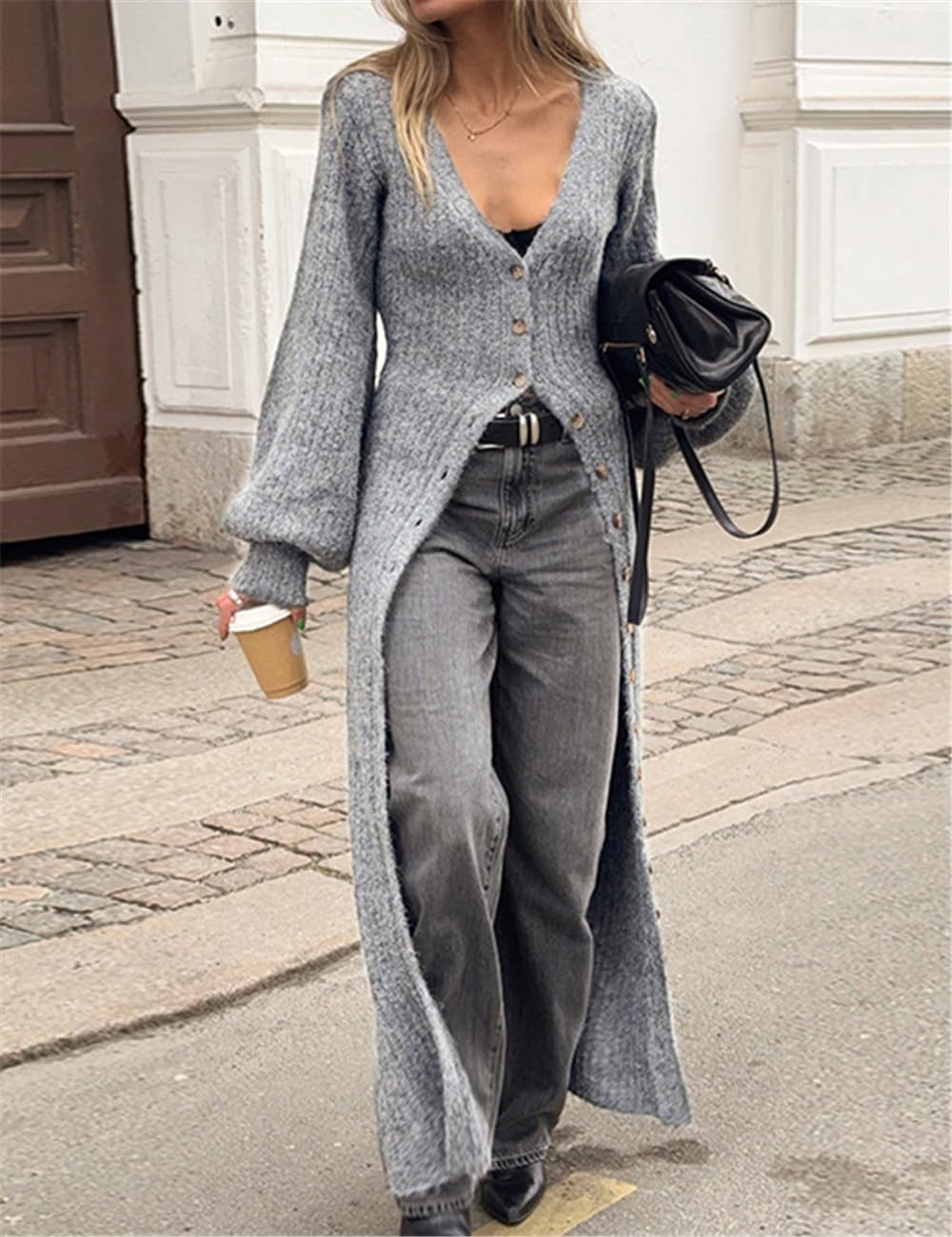 Women's 2025 Trendy V-Neck Button Down Long Cardigans, Chunky Knit Fall Maxi Coat Sweater Dress - Image 7