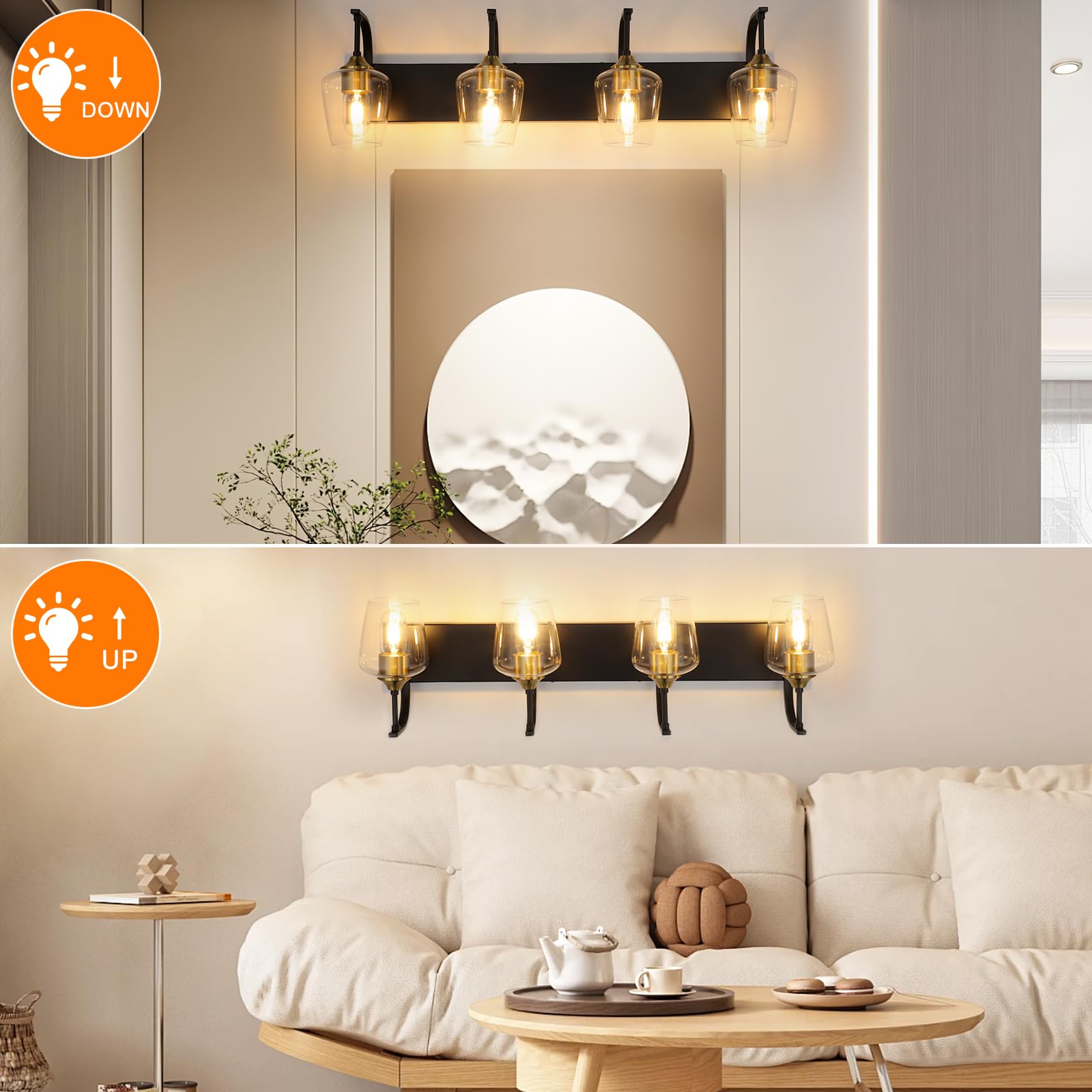 Foucasal Black Bathroom Light Fixtures - 4-Light Vanity Light with Clear Glass Shades, 33.07'' Industrial Gold Wall Lights for Bedroom Hallway Living Room Kitchen