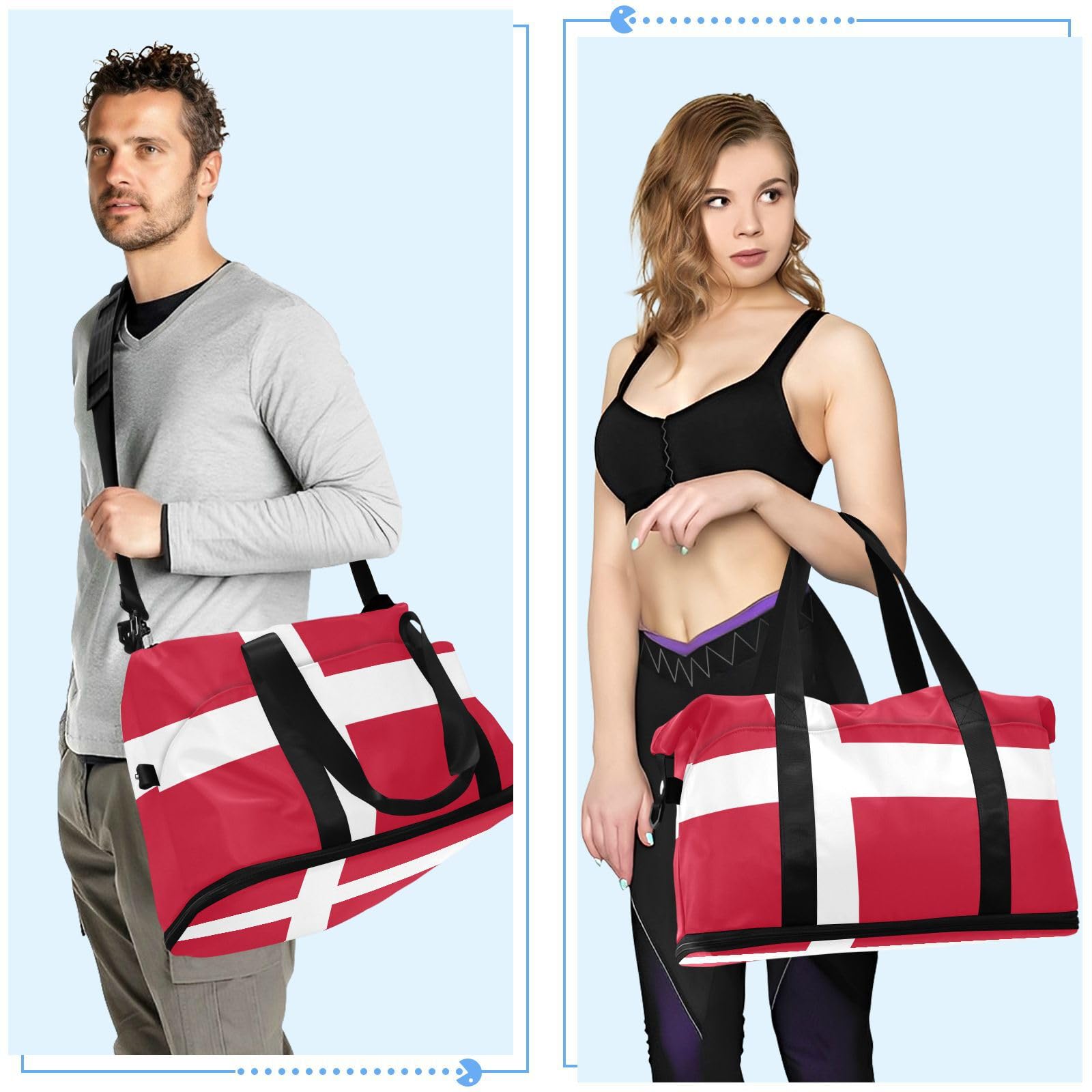 Borsa da viaggio con bandiera della Danimarca con tasca bagnata, tracolla regolabile, borsa da palestra per escursionismo, multifunzionale, per uomini e donne