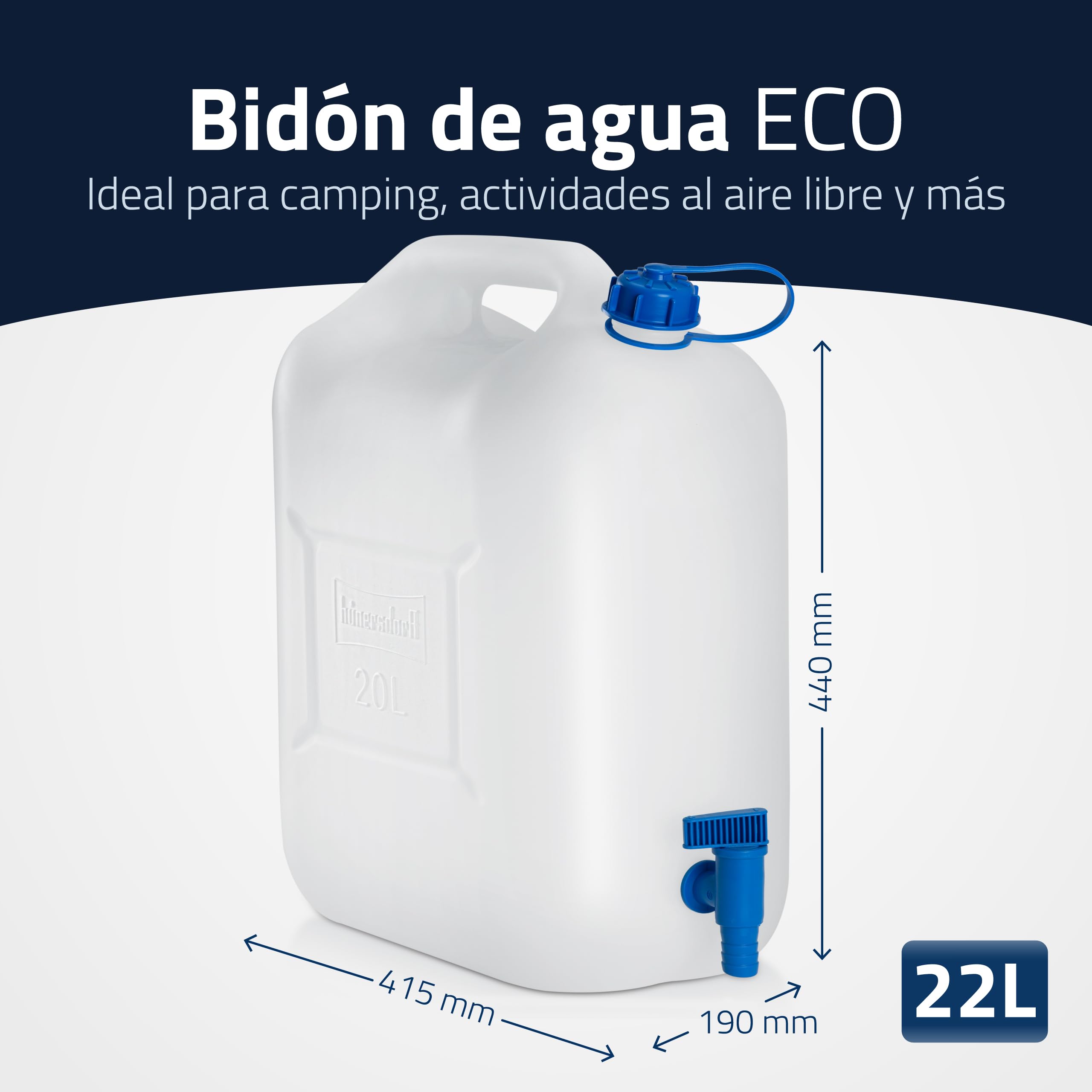 Hünersdorff | Bidón para agua ECO 22 L con grifo | PEAD natural | con grifo de descarga azul montado de forma fija | Bote de agua de plástico | garrafa plastico con grifo